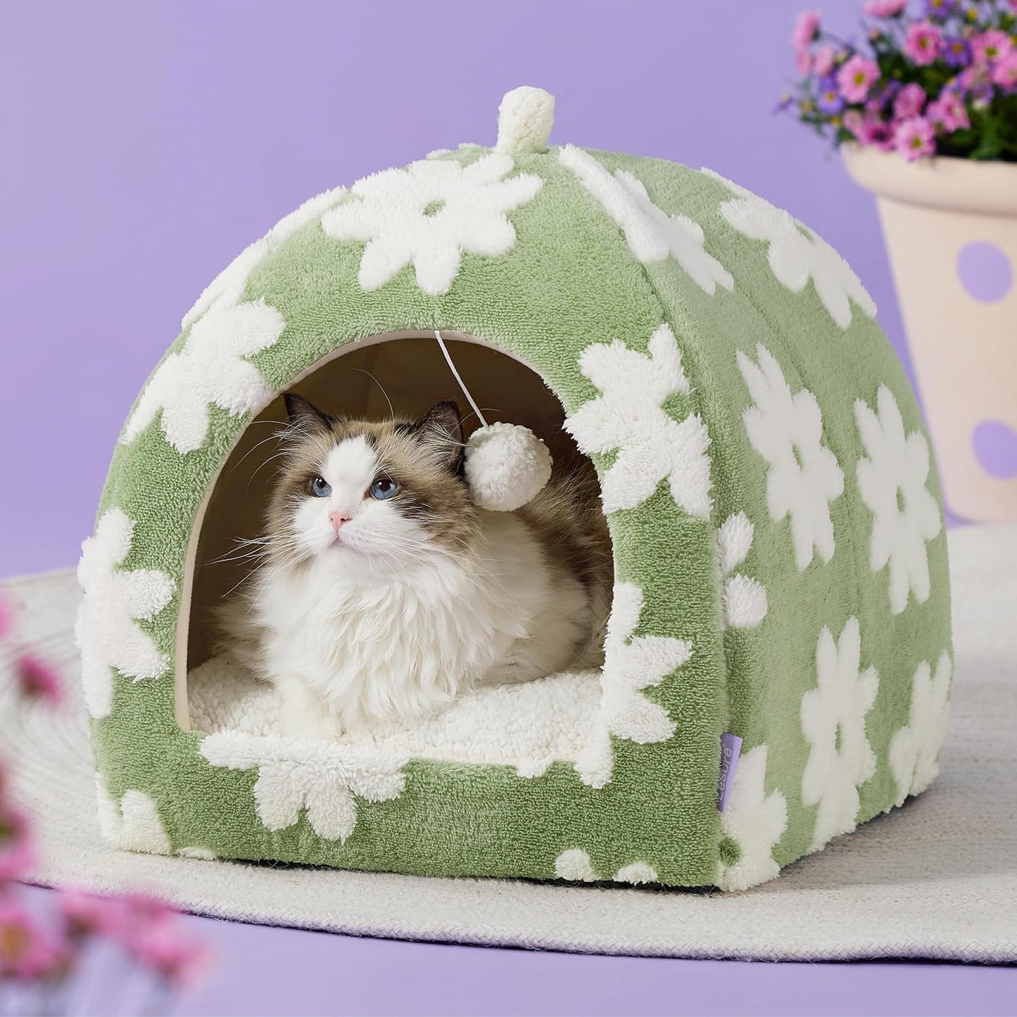 Lesure Cute Cat Beds for Indoor Cats - 2 in 1 Large Cat Cave Bed with Removable Washable Cushioned Pillow, Cozy Kitten Tent with Non-Slip Bottom, Green, 17.3 inches - Pet Explorer