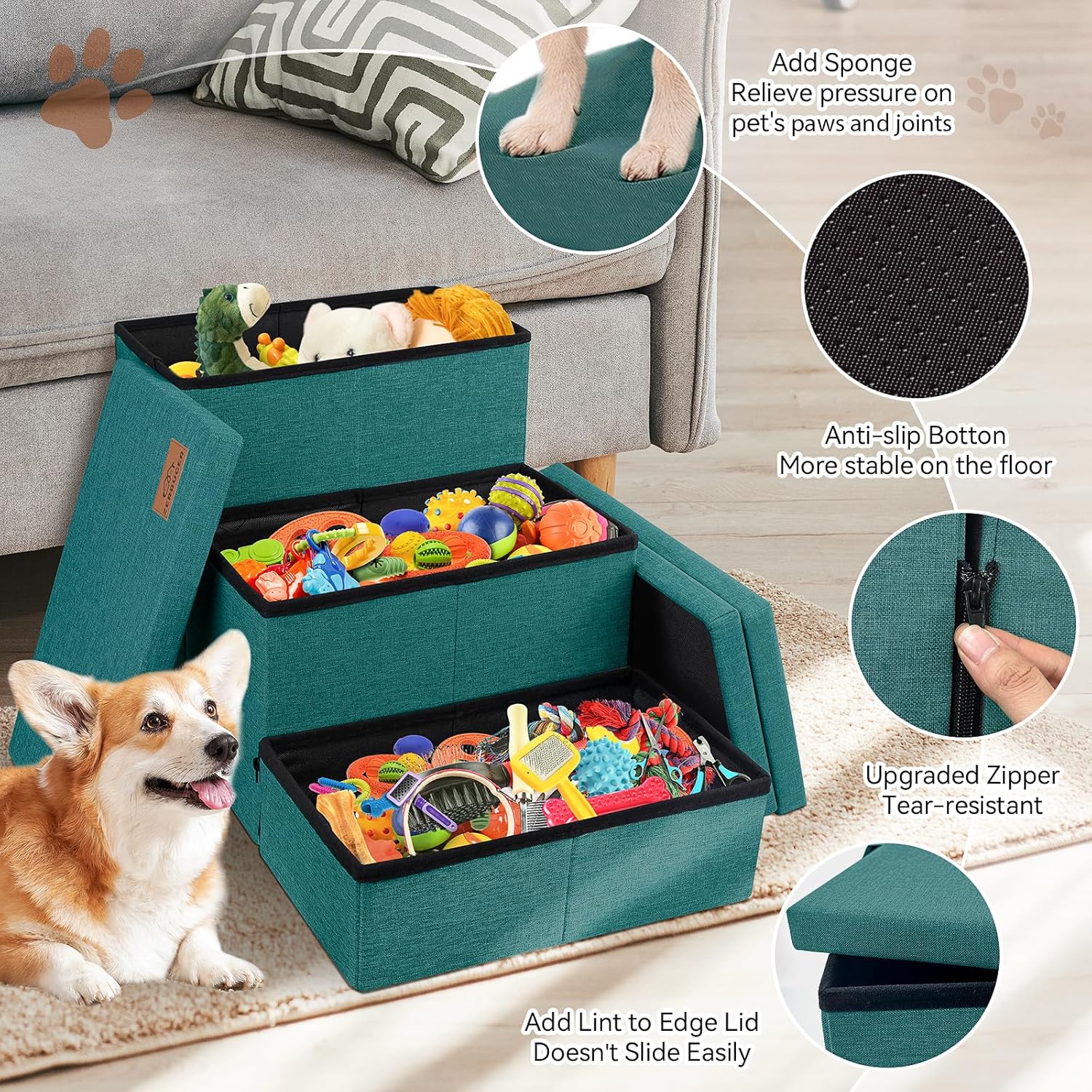Dog Stairs with Storage 18" H, 3-Step Wider Dog Steps for Small/Medium/Large Old Dogs Cats, Folding Sturdy Pet Stairs for Climbing Bed Couch, Ramp for Car Hold Up to 200 lbs, Dark Green - Pet Explorer