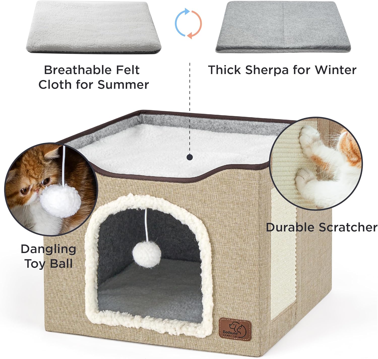 Bedsure Cat Beds for Indoor Cats - Large Cat Cave for Pet Cat House with Fluffy Ball Hanging and Scratch Pad, Foldable Cat Hideaway, 16.5x16.5x13 inches, Brown - Pet Explorer