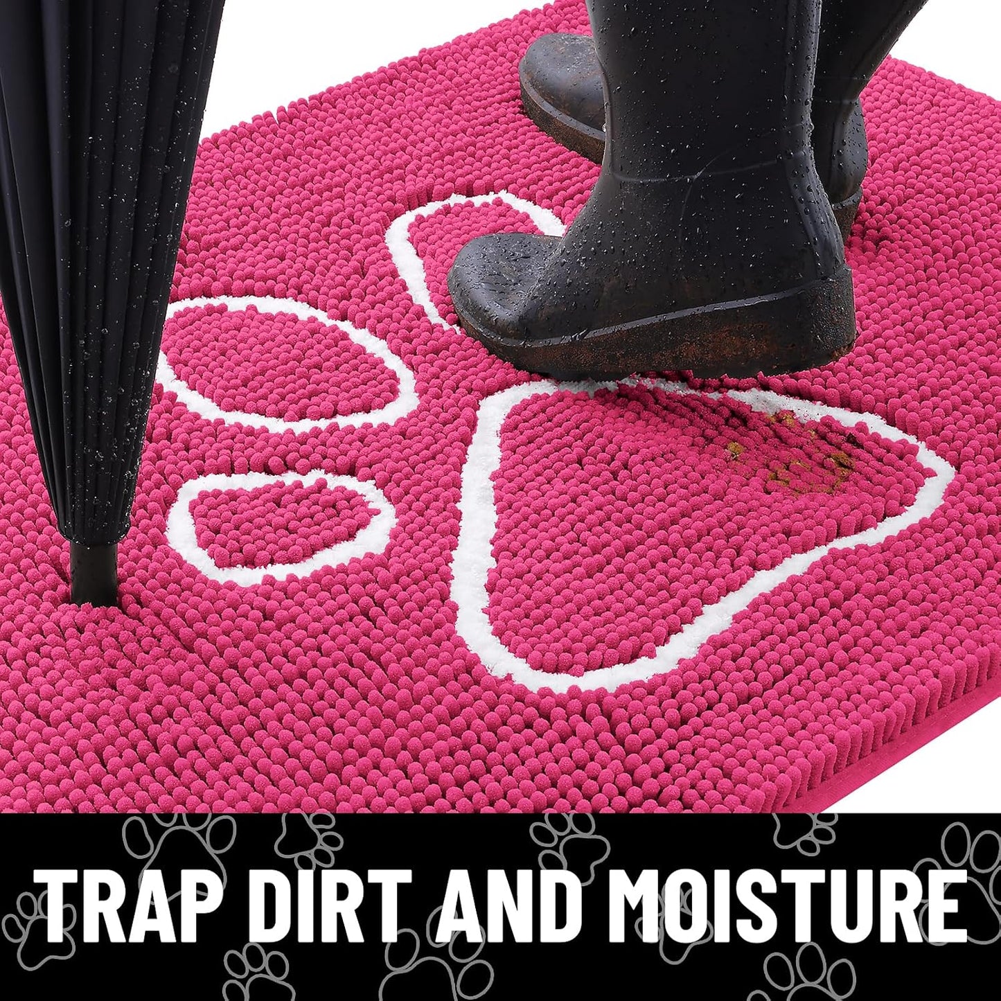 Smiry Dog Door Mat for Muddy Paws, Absorbent Dirt Trapper Non Slip Quick Dry Washable Chenille Mat for Mud Dogs, Entry Rug for Indoor and Outdoor (30x20 Inches, Hot Pink)