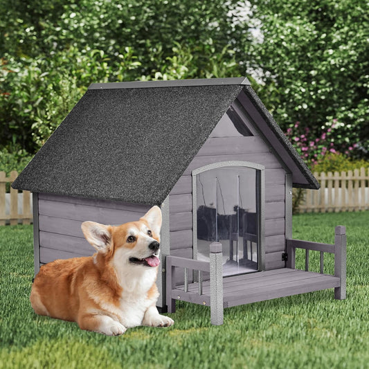 GUTINNEEN Dog House Outdoor Weatherproof with Porch, Puppy Shelter Indoor with Anti-Bite Design, PVC Curtain, Asphalt Roof, Elevated Waterproof Base, for Small to Medium Dogs - Grey - Pet Explorer