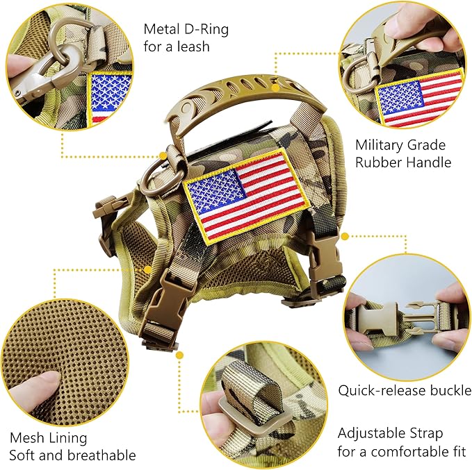 Tactical Cat Harness and Leash for Walking Escape Proof, Adjustable Military K9 Pet Vest Harness Easy Control for Large Cat, Puppy and Small Dog (Camo)