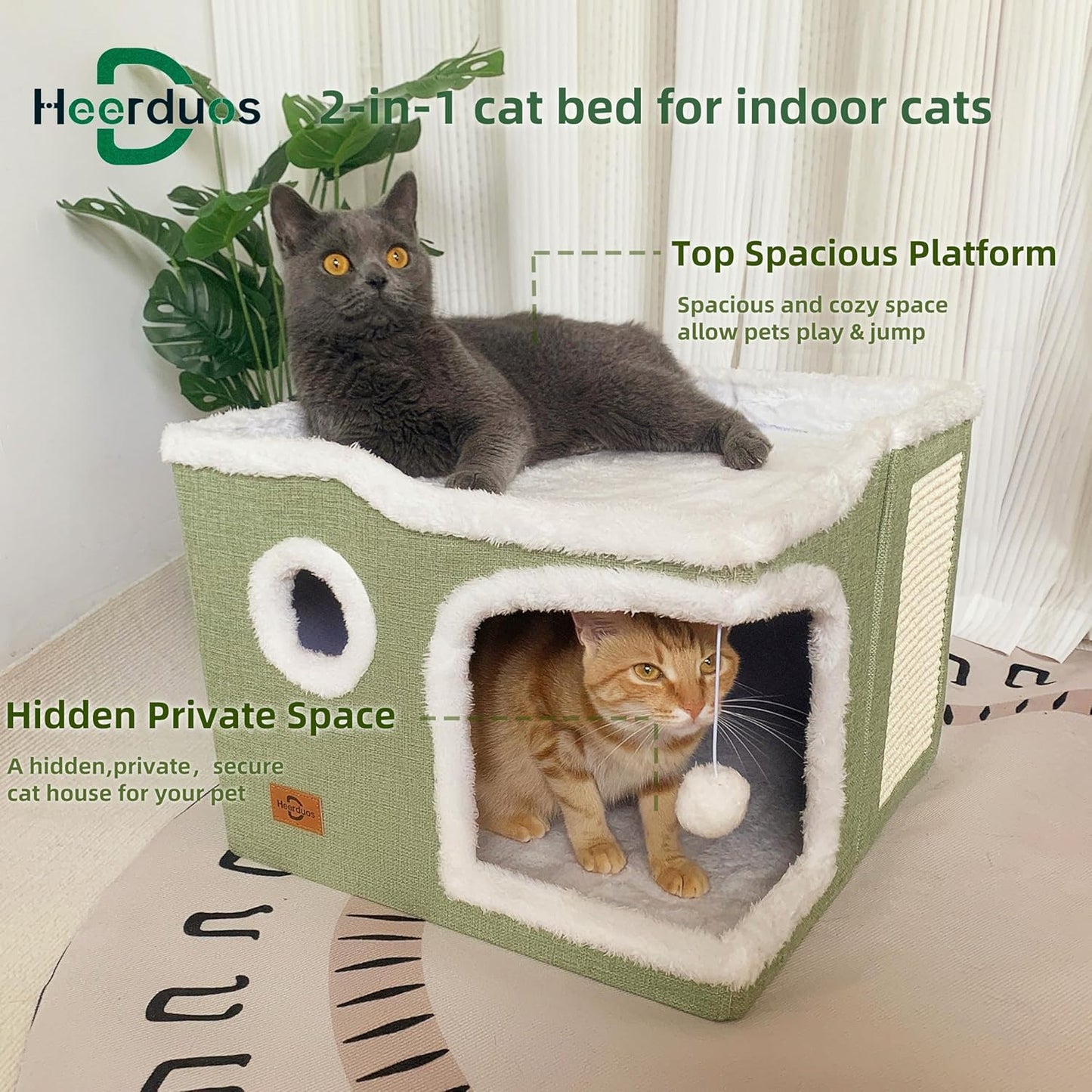 Cat Bed for Indoor Cats,Covered Cat Cave House & Furniture with Scratch Pad,Foldable Cat Hideaway Hut Cute Cat Condo with Soft Washable Mat for Multi Small Pet Under 30 lbs,Green - Pet Explorer