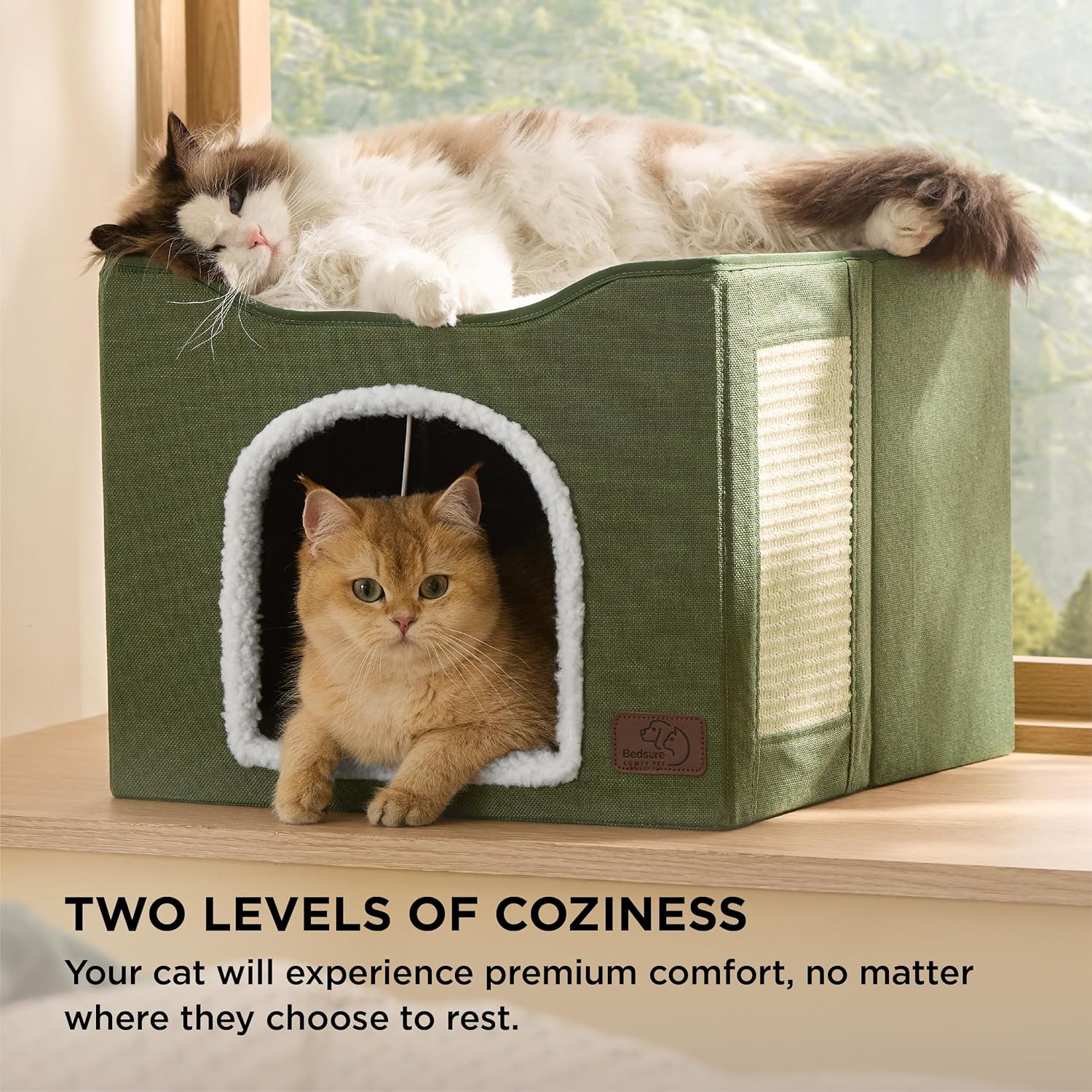 Bedsure Cat Beds for Indoor Cats - Large Cat Cave for Pet Cat House with Fluffy Ball Hanging and Scratch Pad, Foldable Cat Hideaway, 16.5x16.5x13 inches, Loden Green - Pet Explorer