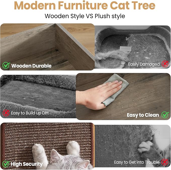 Modern Wood Cat Tree Tower for Indoor Large Cats, 33.8-Inch Tall Wooden Cat Trees with Big Perch Bed, Cat Scratching Pads, Washable Removable Cushions and Scratching Mat, Cat Furniture, Greigy