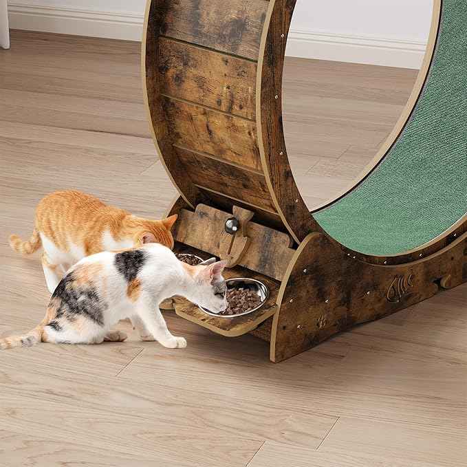 Cat Running Wheel for Indoor Cats, Large 6-in-1 Cat Treadmill with Bowls, Scratch Post & Resting House, Quiet Cats Wheel Exerciser for Kitty Fitness Brown