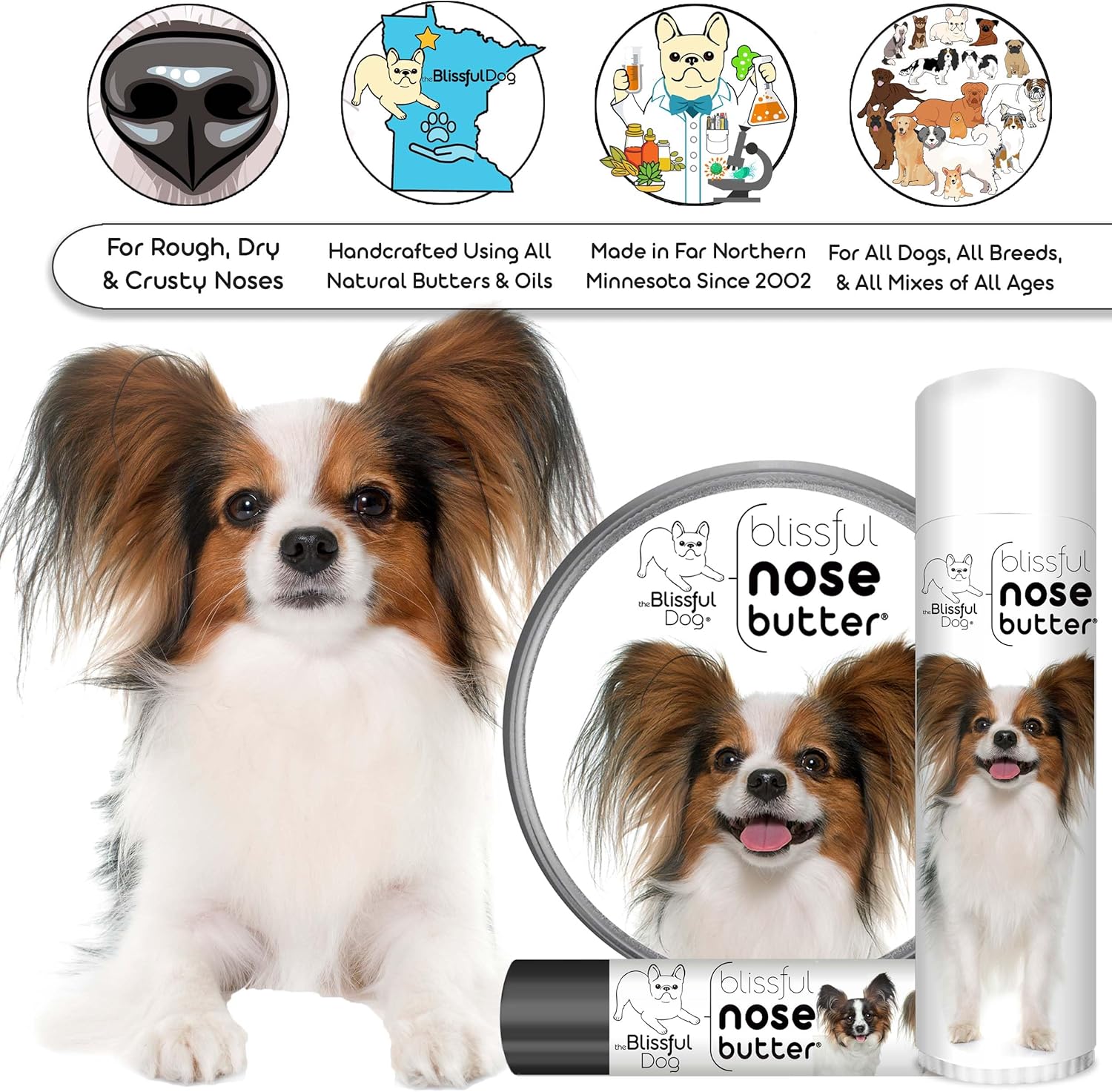 The Blissful Dog Papillon Nose Butter for Dry, Cracked Skin, Lick-Safe Dog Nose Balm with Moisturizing Shea Butter, Almond, Olive, and Essential Oils, Pet Supplies, Uncented, 0.50 oz. - Pet Explorer