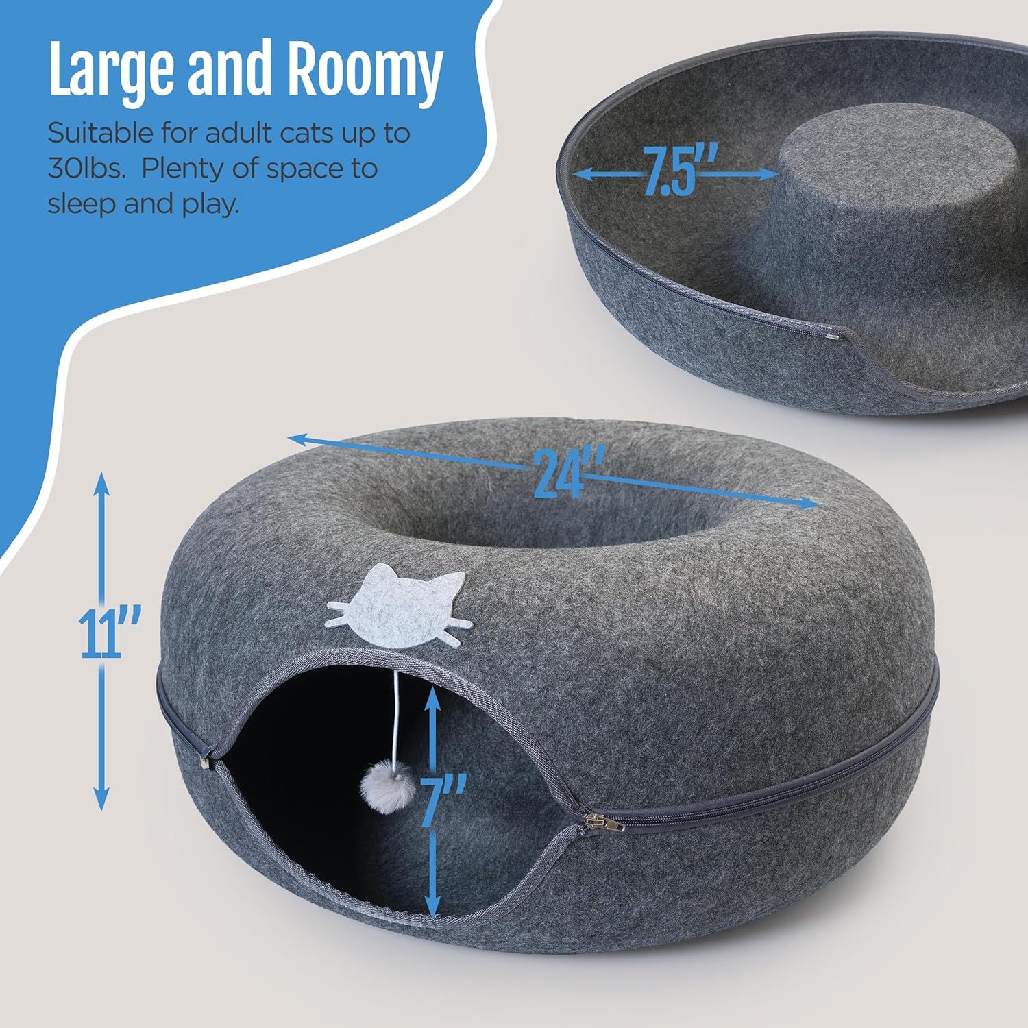 Meow Mansion Large Cat Cave Donut - Cat Tunnel; up to 30lbs - 3 Toy Balls & Hanging Ball Included - Scratch Resistant, Detachable and Cleanable Cat Donut Bed - Pet Explorer