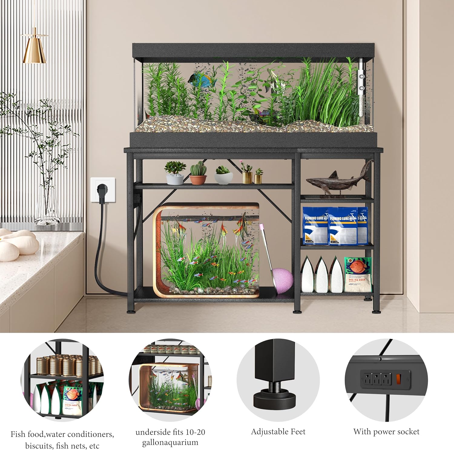 55-75 Gallon Fish Tank Stand: Heavy Duty Aquarium Stand with Power Outlets and Cabinet for Fish Tank Accessories Storage - Metal Frame, 1200LBS Capacity, Suitable for Fish & Reptile Terrariums - Pet Explorer