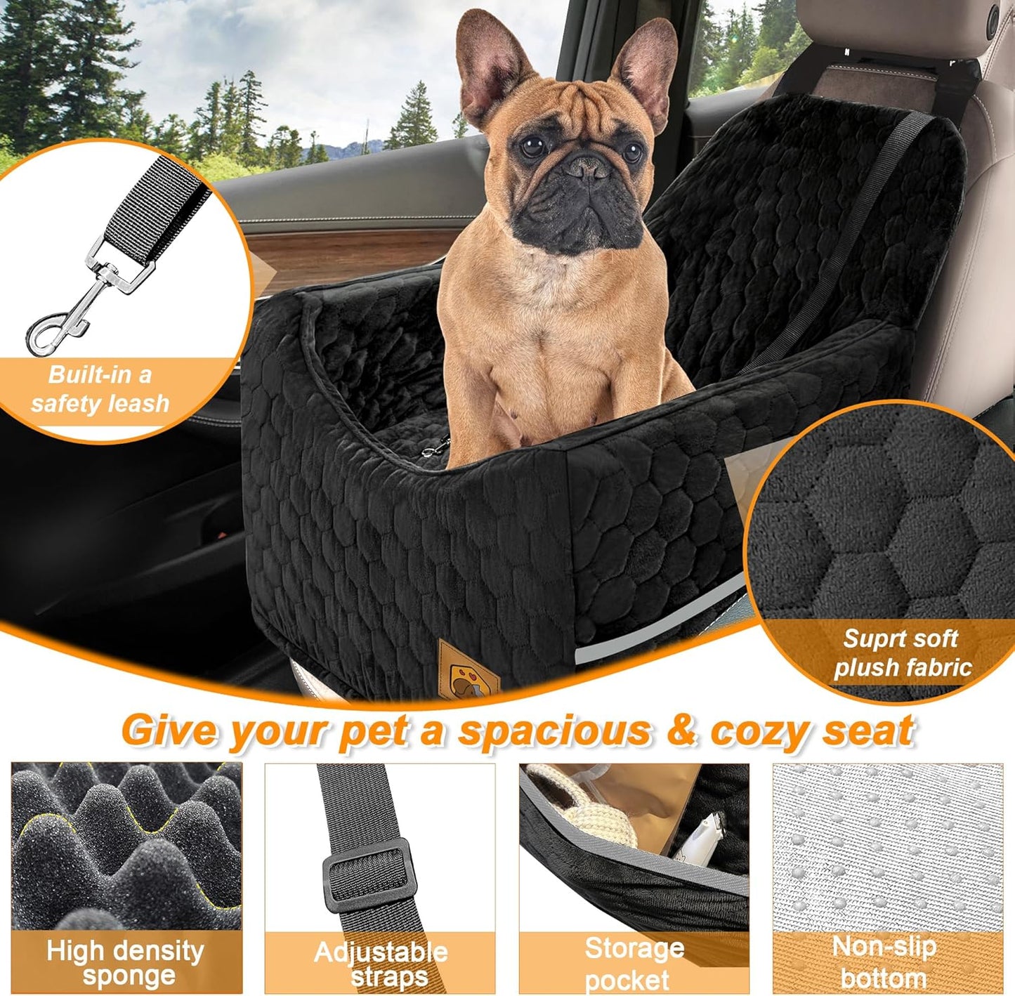 Dog Car Seat for Small/Medium Dogs, Memory Foam Dog Booster Seat, Travel Safety with Washable Removable Cover, Storage Pockets for Dogs up to 35 lbs(Black) - Pet Explorer