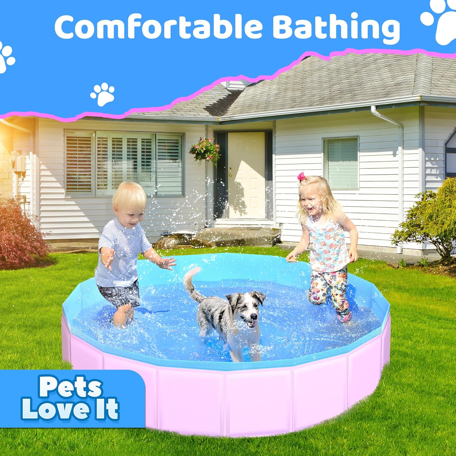 2025 Updated Foldable Dog Pool, 39.5" x 12" Kiddie Pool with Hard Plastic, Non-Slip Dog Bath Tub for Outdoor Backyard, Collapsible Dog Swimming Pool for Kids Dogs Pets (Pink) - Pet Explorer