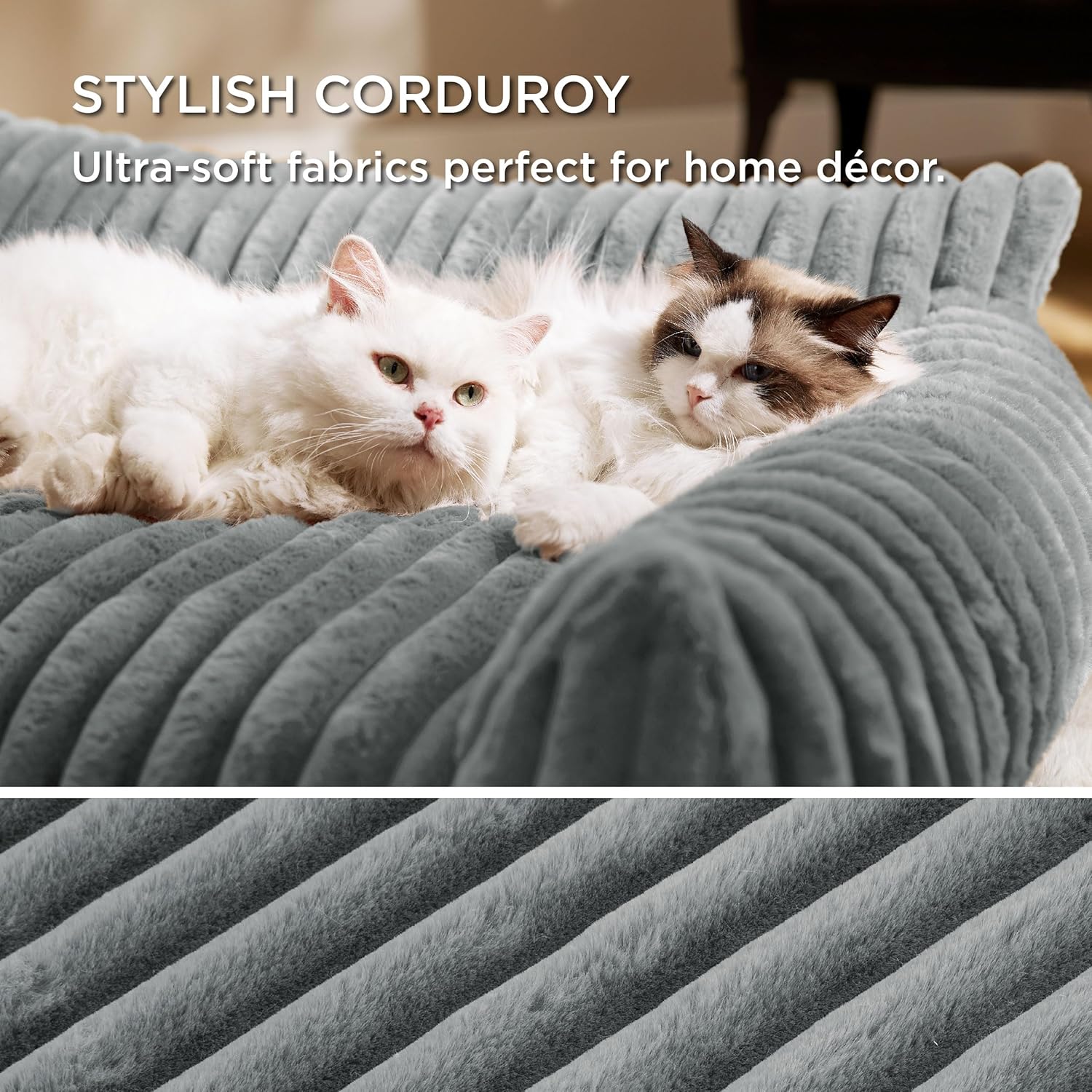 Bedsure Cute Cat Couch for Pets - Fluffy Cat Sofa with Premium Soft Corduroy Fleece, Fuzzy Pet Couch Bed with Removable Washable Cover, Supportive Pet Chair for Indoor Cats, 24inch, Warm Grey - Pet Explorer