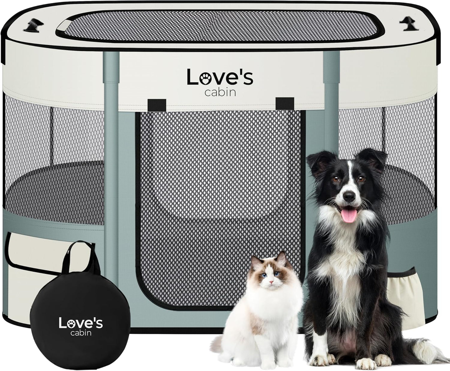 Love's cabin Pet Puppy Dog Playpen, Small Dog Tent Crates Cage Indoor/Outdoor, Portable Exercise Playpen for Cat, Foldable Pop Up Dog Kennel Playpen with Carring Case (S, Gray Green) - Pet Explorer