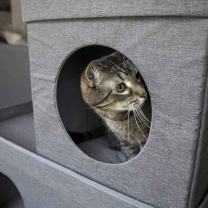 Kitty City Large Stackable Cat Condo & Cube House, Modular Indoor Cat Furniture with Plush Washable Beds, Collapsible Cat Cave & Lounging Ottoman, Grey