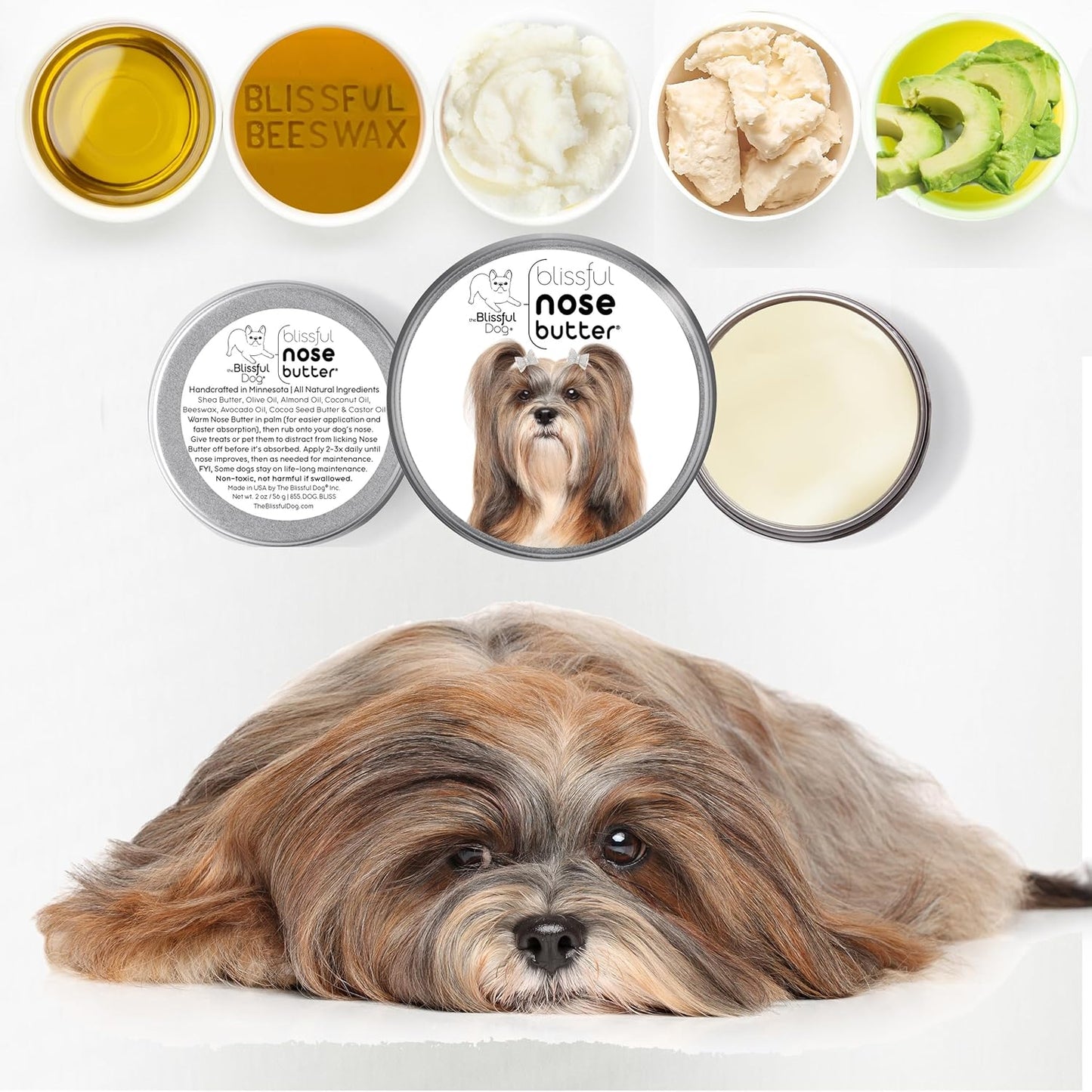 The Blissful Dog Lhasa Apso Nose Butter for Dry, Cracked Skin, Lick-Safe Dog Nose Balm with Moisturizing Shea Butter, Almond, Olive, and Essential Oils, Pet Supplies, Uncented, 8 oz. - Pet Explorer