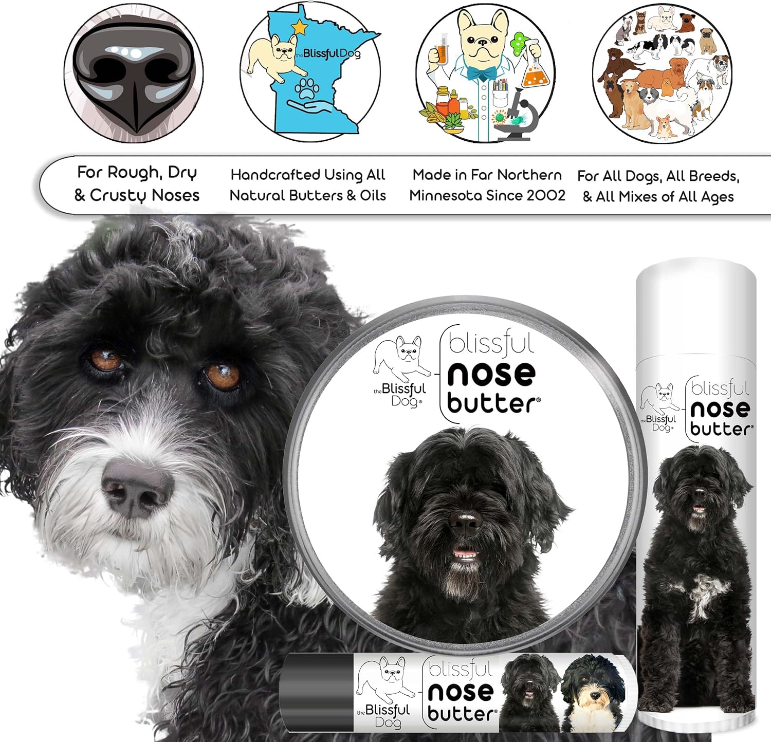 The Blissful Dog Portuguese Water Dog Nose Butter for Dry, Cracked Skin, Lick-Safe Dog Nose Balm with Moisturizing Shea Butter, Almond, Olive, and Essential Oils, Pet Supplies, Uncented, 0.15 oz. - Pet Explorer