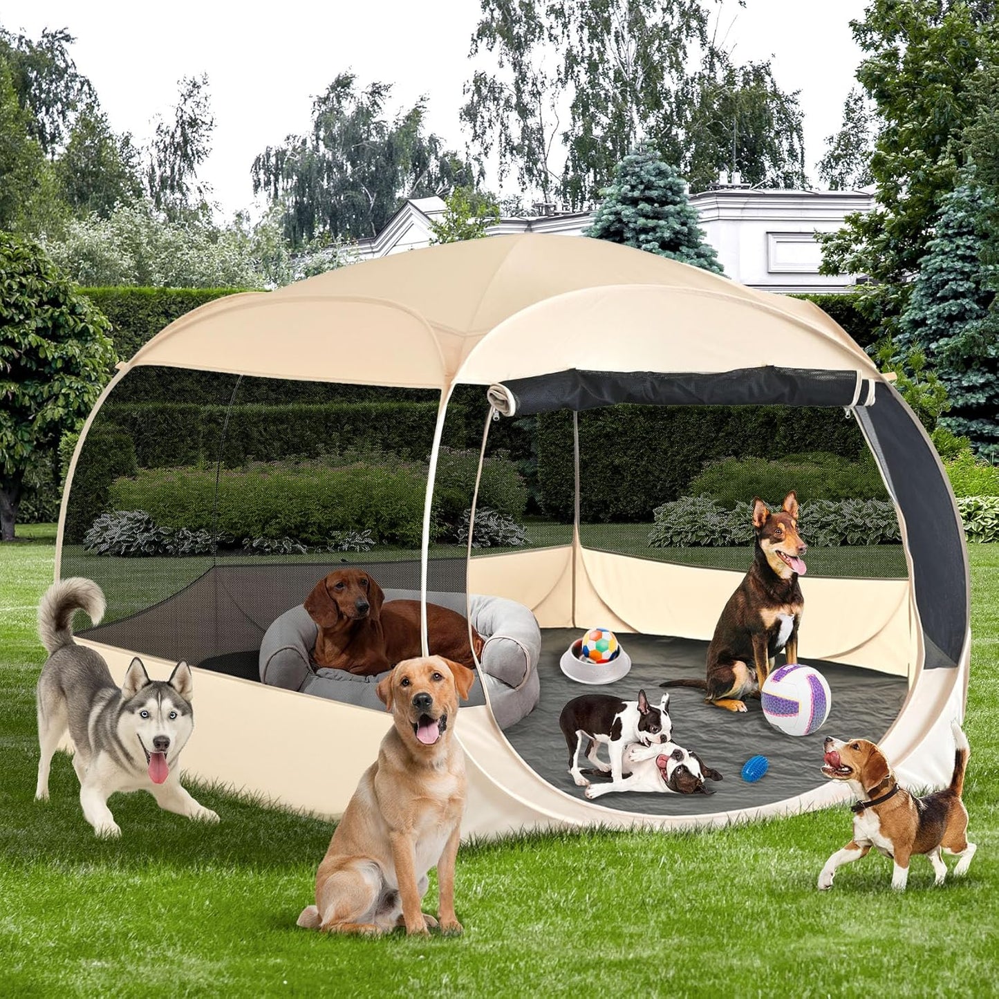 EighteenTek XXLarge Popup Portable Dog Houses, 10'x4.8'H Assembly-Free Gazebo-Style Dog Cot Cat Playpen Screen Pet Tent Sun Shade Shelter Dog Bed with Canopy for Outdoor Anti-Bugs with Leakproof Floor - Pet Explorer