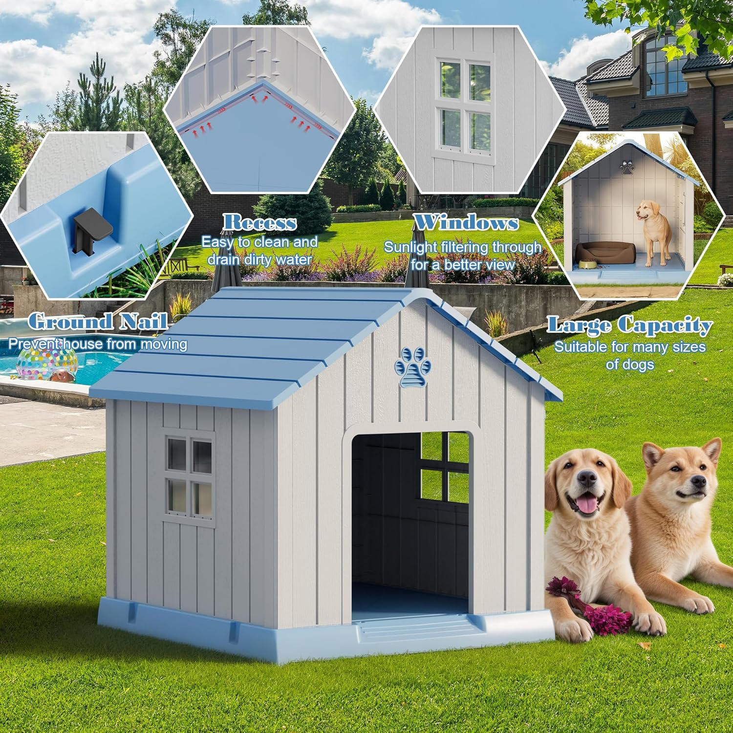 Large Dog House Outdoor Indoor for Medium Large Dogs, Durable Plastic Waterproof Doghouse with Air Vents and Elevated Floor, Easy Clean and Assemble (Blue, 37.2" L x 40" W x 40" H) - Pet Explorer