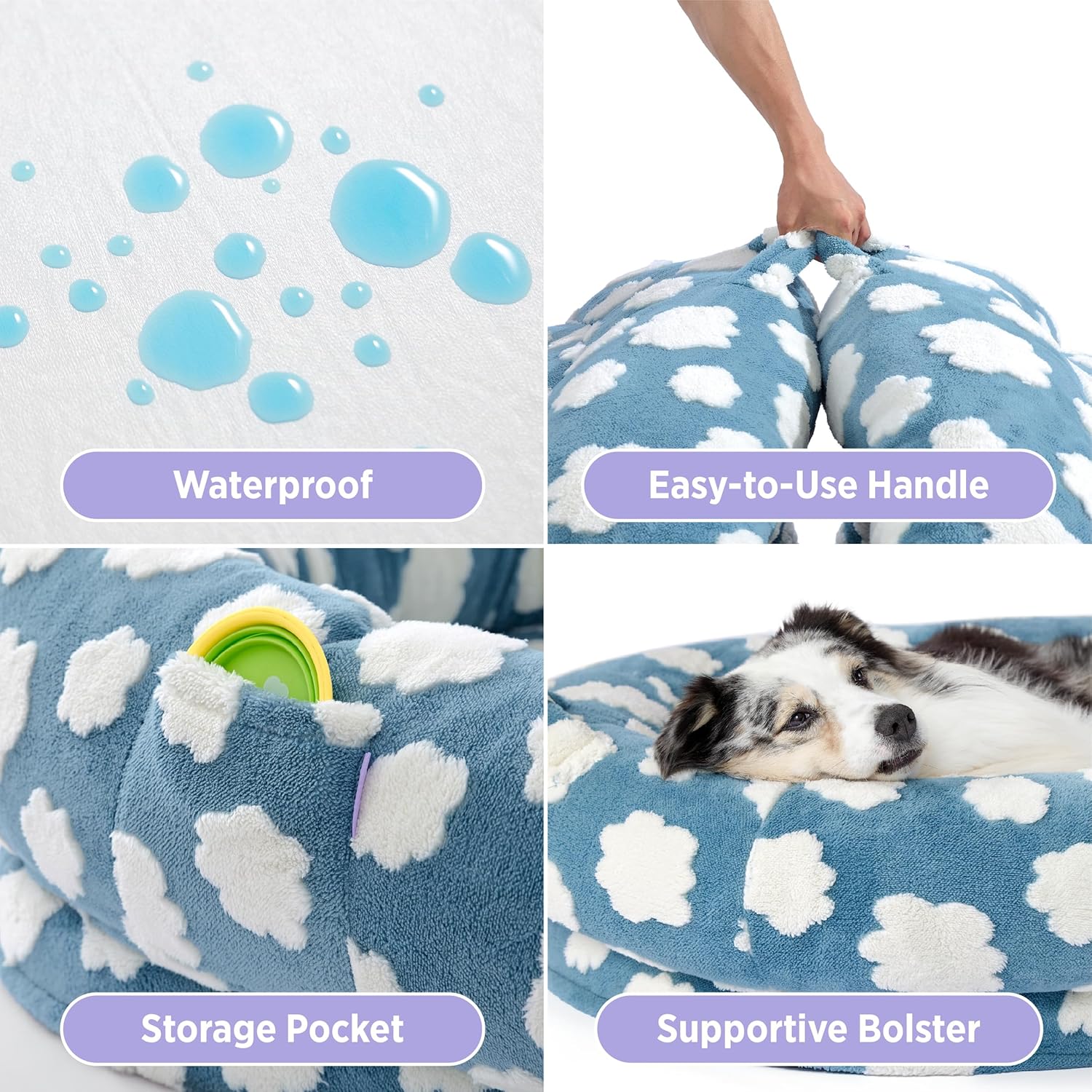 Lesure Human Dog Bed for Adult - Calming Human Size Dog Bed with Egg Foam Supportive Mat and Storage Pocket, Cute Modern Pet Beds with Jacquard Shaggy Plush & Anti Slip Bottom 55x37x10, Blue - Pet Explorer