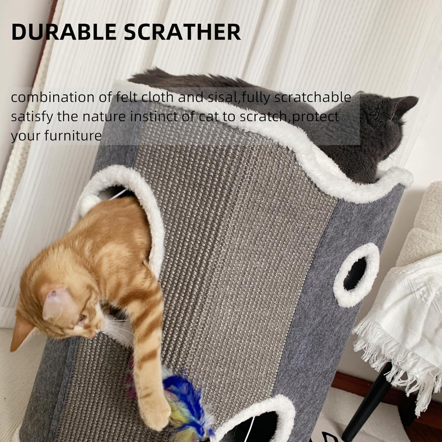 Cat House - Large Cat Cave with Fluffy Ball Hanging and Scratch Pad, Foldable 16.9x15x13 inches - Pet Explorer