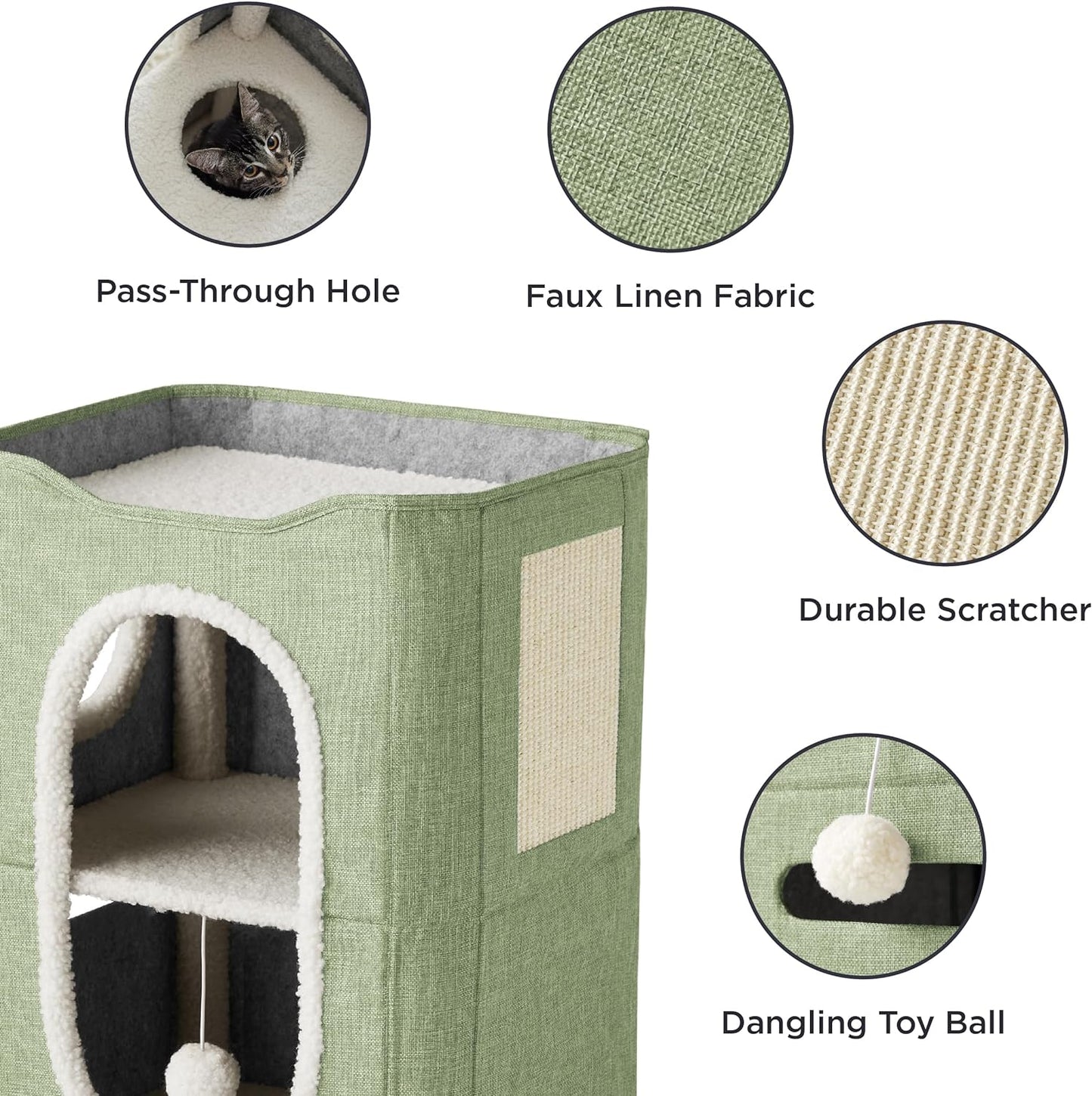 Bedsure 2 Story Cat House - Cat Condos for Indoor Cats with Scratch Pad and Fluffy Ball Hanging, Small Pet Cave Furniture Hideaway for Multi Pets, 18x14x23 inches, Green - Pet Explorer