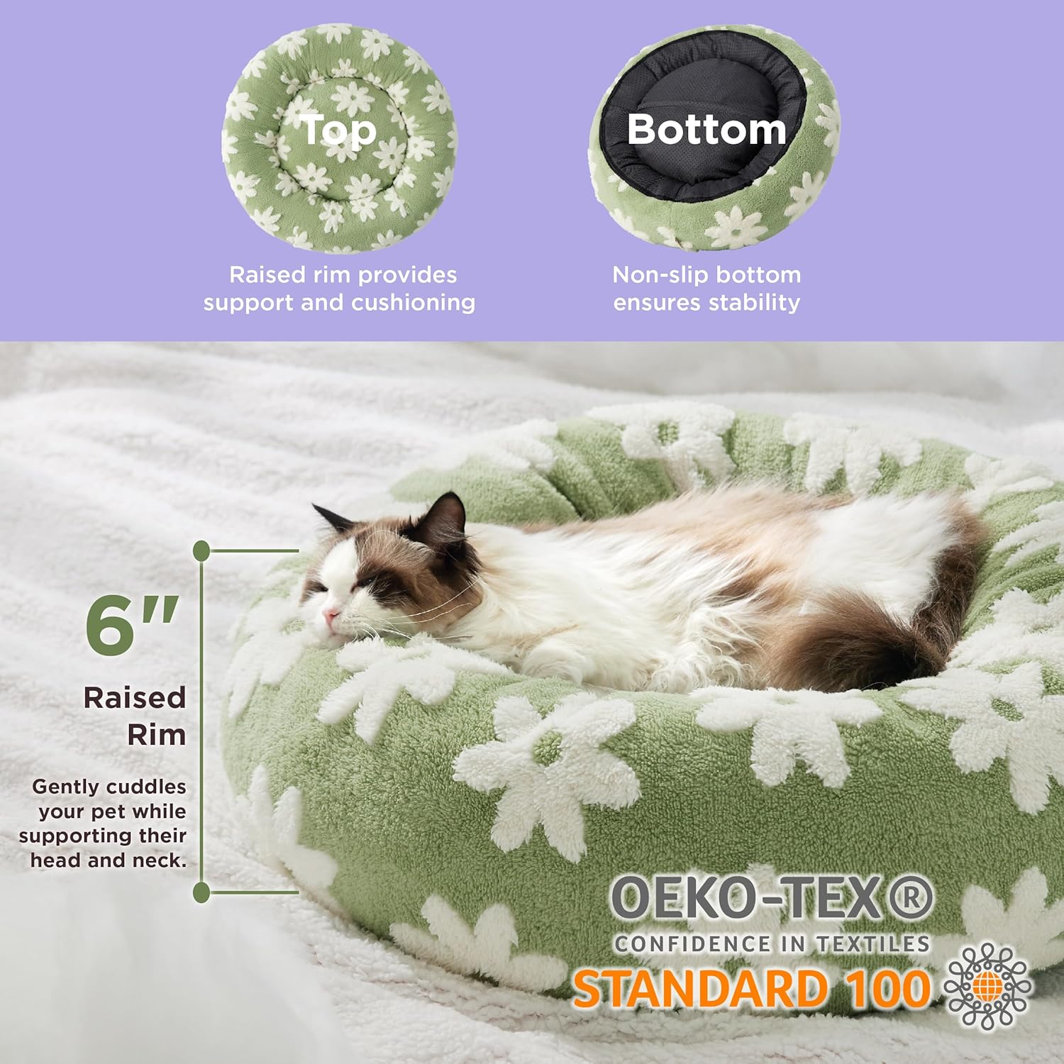 LE SURE Donut Small Dog Bed - Round Cat Beds for Indoor Cats Calming Pet Beds, Cute Modern Beds with Jacquard Shaggy Plush & Anti Slip Bottom, 20 Inch, Green,XS (20x20x6) - Pet Explorer