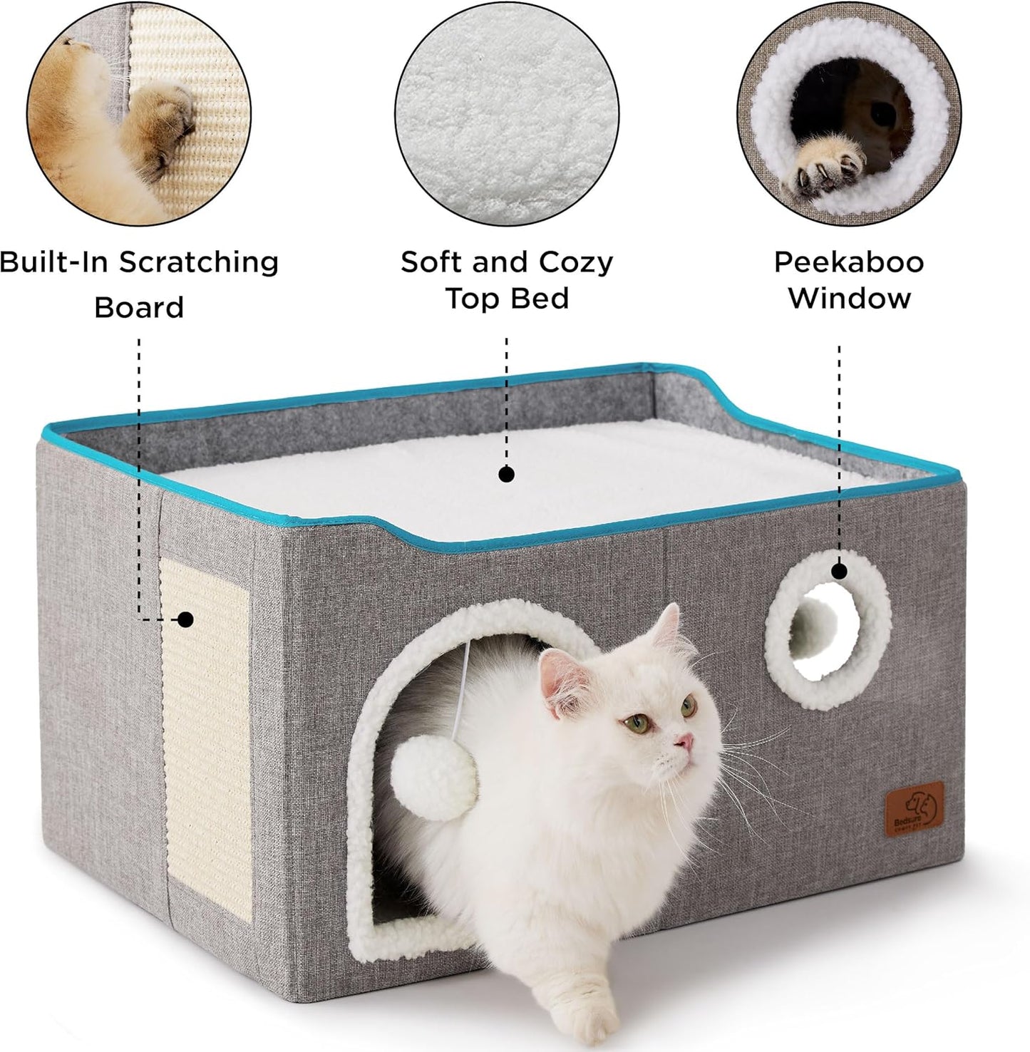 Bedsure Large Cat Beds for Indoor Cats - Extra Wide Cat Cube House for Small Pet with Fluffy Ball Hanging and Scratch Pad, Foldable Pet Cave Hideaway for Multiple Cats, 23.6x16.9x13 inches, Grey - Pet Explorer