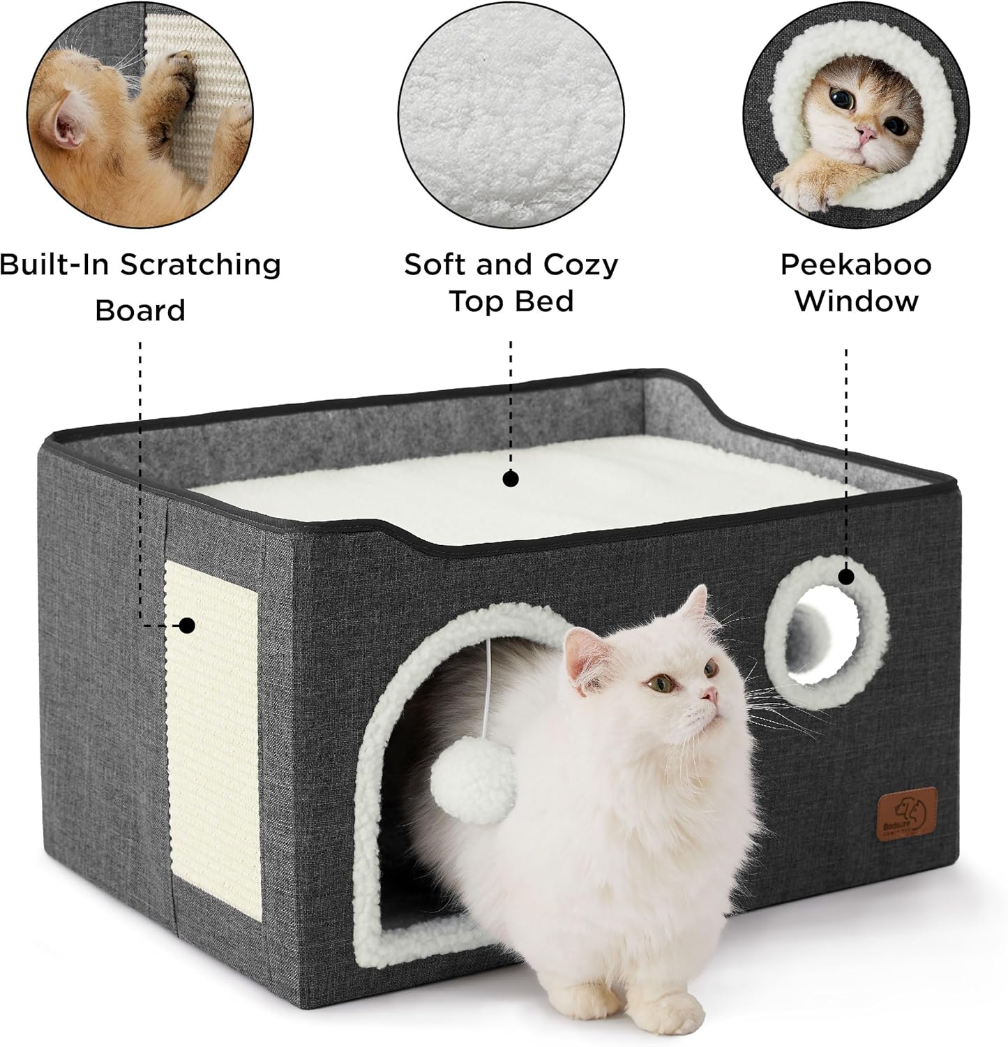 Bedsure Large Cat Beds for Indoor Cats - Extra Wide Cat Cube House for Small Pet with Fluffy Ball Hanging and Scratch Pad, Foldable Pet Cave Hideaway for Multiple Cats, 23.6x16.9x13 inches, Dark Grey - Pet Explorer