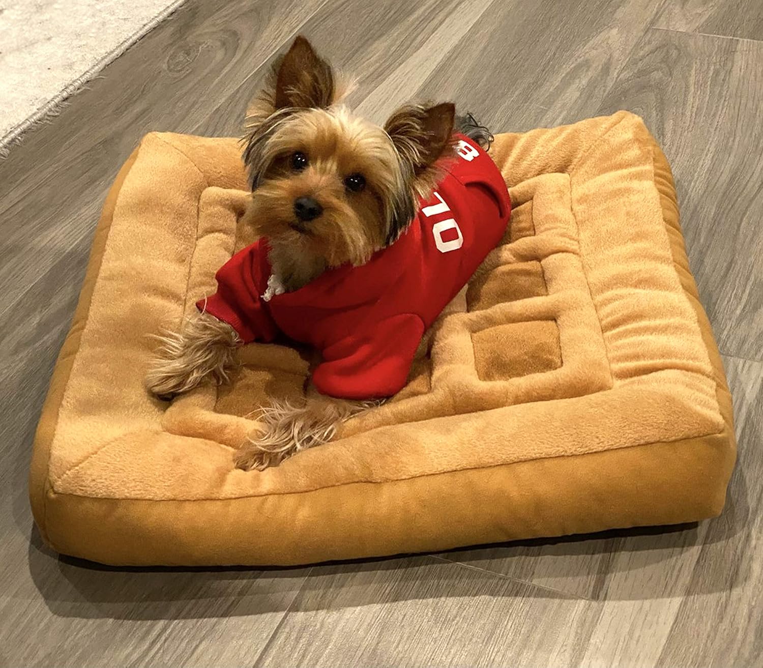 TONBO Soft Plush Small Cute and Cozy Chicken and Waffles Dog Cat Bed, Chicken Crinkle Toy Included, Washer and Dryer Friendly (Brown) - Pet Explorer