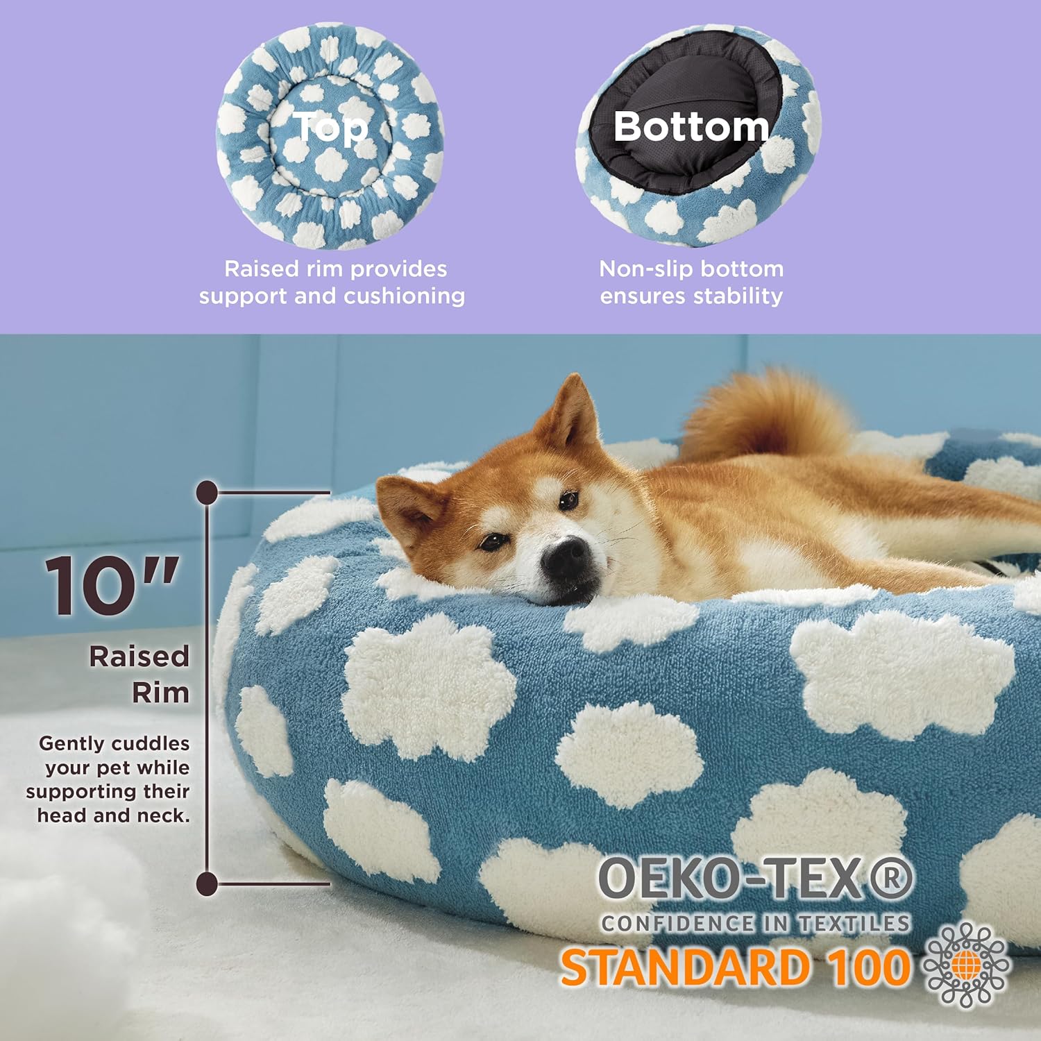 LE SURE Donut Dog Beds Large Sized Dog - Round Pet Beds for Calming Puppy with Washable Cover, Orthopedic Modern Beds with Jacquard Shaggy Plush & Anti Slip Bottom, 36 Inch，Blue - Pet Explorer