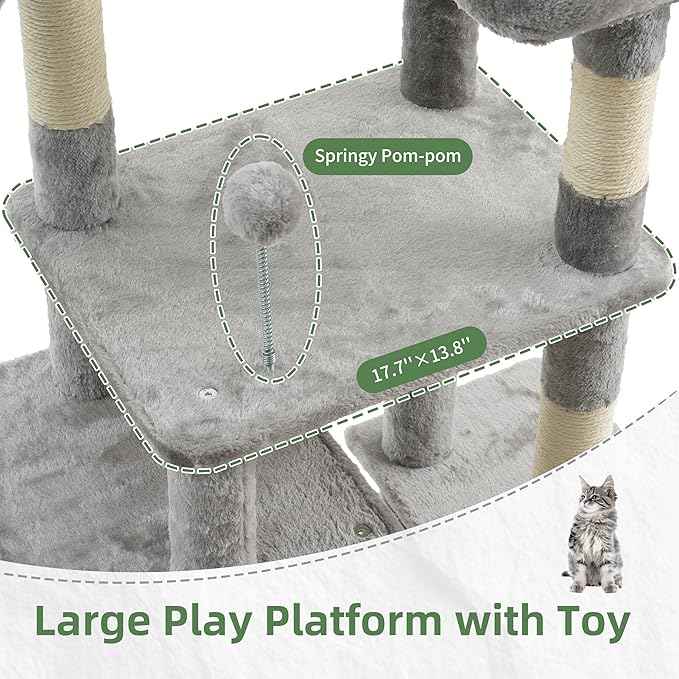 Cat Tree for Indoor Cats, 55.1 inch Cat Tower with 7 Sisal Scratching Posts, Multi-level Cat Condo wit Large Play Platform Furry Ball, Cat Cave, 2 Padded Perches, Basket, Light Gray GCT013W