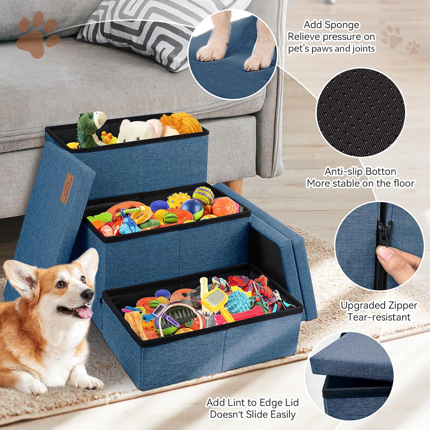 Dog Stairs with Storage 18" H, 3-Step Wider Dog Steps for Large/Medium/Small Older Dogs Cats, Folding Sturdy Pet Stairs Climbing Bed or Couch, Ramp for Car Up to 200 lbs, Navy, No Condo - Pet Explorer
