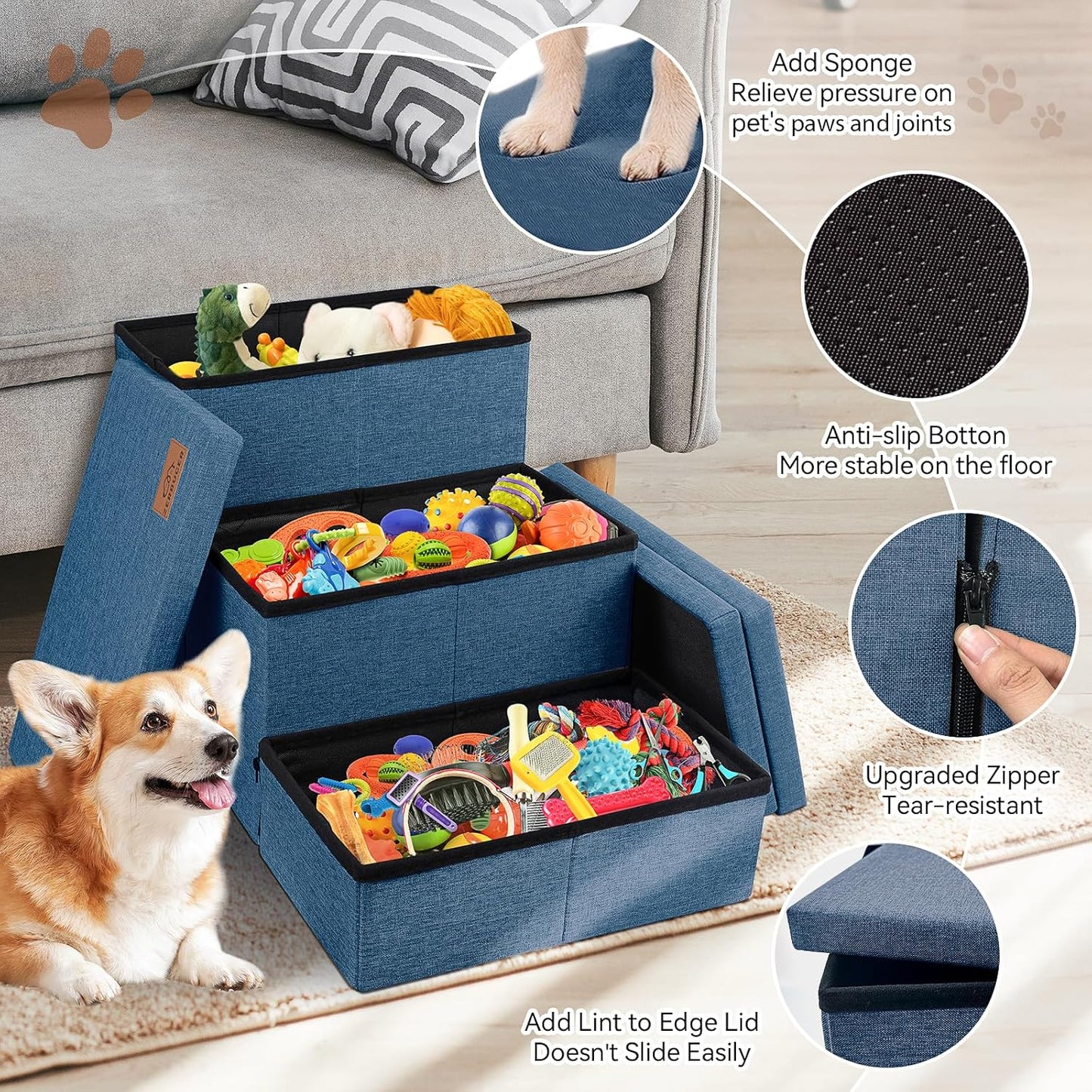 Dog Stairs with Storage 18" H, 3-Step Wider Dog Steps for Small/Medium/Large Dogs Cats, Folding Sturdy Pet Stairs Climbing Bed or Sofa, Ramp for Car Hold Up to 200 lbs (Navy Blue, No Condo) - Pet Explorer