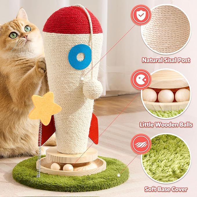 Cat Scratching Post, Rocket Cute Sisal Cat Scratcher with Durable Solid Wood Turntable Toy, Cat Scratch Post Red Cat Scratcher with Spinning Star Toy for Indoor Adult Cats