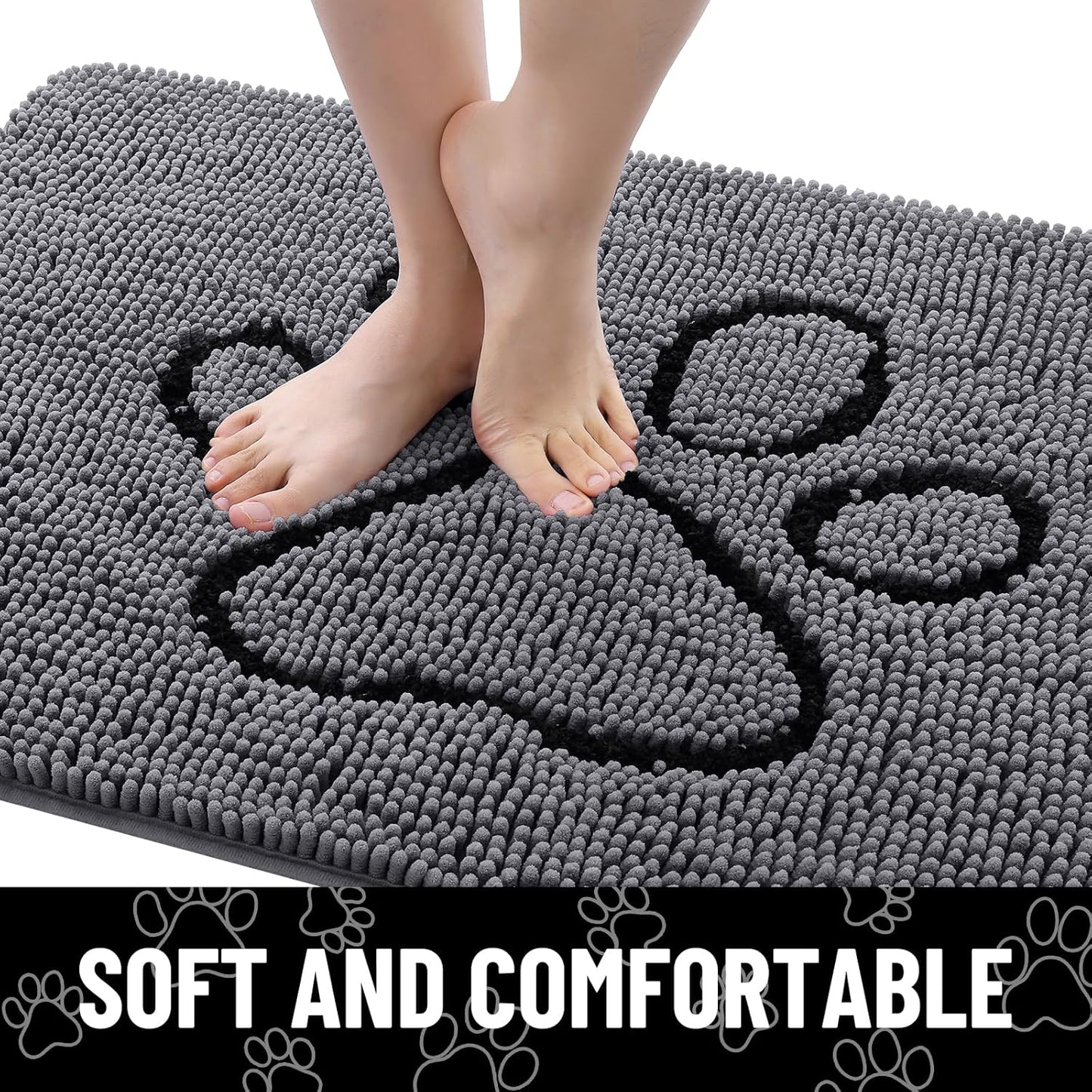Smiry Dog Door Mat for Muddy Paws, Absorbent Dirt Trapper Non Slip Quick Dry Washable Chenille Mat for Mud Dogs, Entry Rug for Indoor and Outdoor (36x24 Inches, Dark Grey and Black)