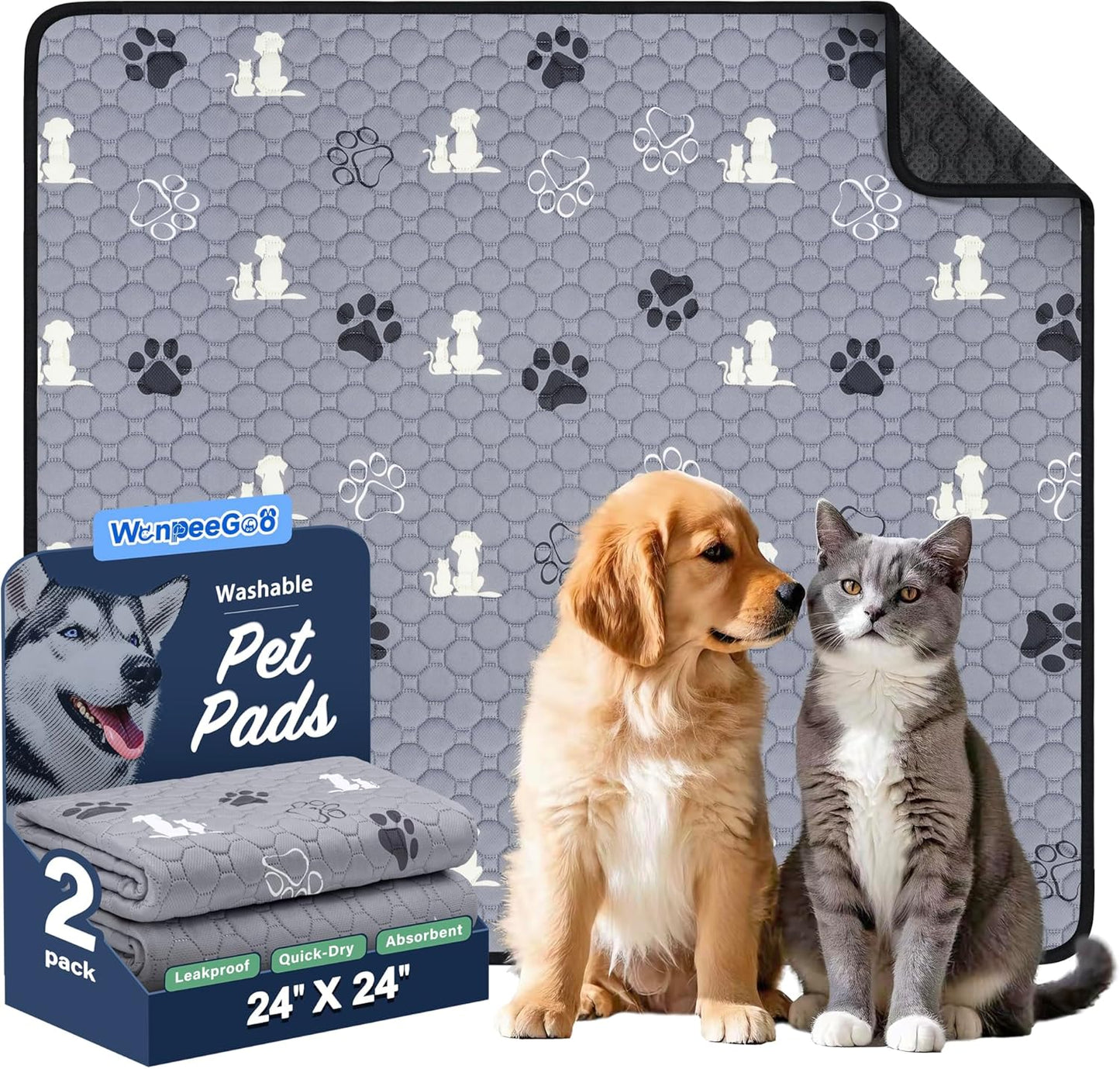 Washable Pee Pads, Puppy Pee Pad for Dogs, 2 Pack Absorbent Reusable Training Dog Pads Pet Puppy Pads, Non-Slip Potty Pads for Whelping, Playpen, Crate, Bed, Grey 24"x24" - Pet Explorer