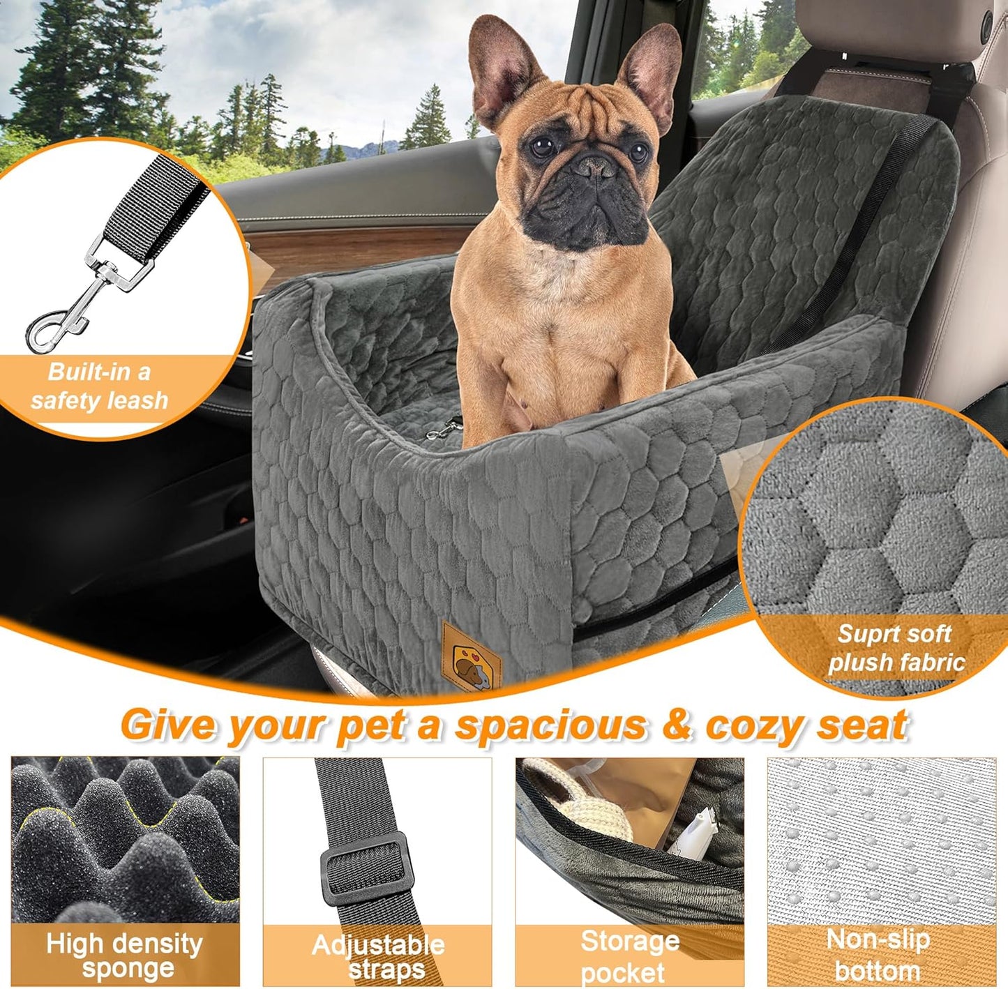 Dog Car Seat for Small/Medium Dogs, Memory Foam Dog Booster Seat, Travel Safety Per Car Seat with Washable Removable Cover, Storage Pockets for Dogs up to 35 lbs(Gray) - Pet Explorer
