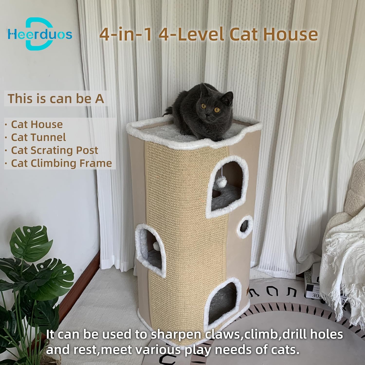 Cat House - Large Cat Cave with Fluffy Ball Hanging and Scratch Pad, Foldable 16.9x15x13 inches - Pet Explorer