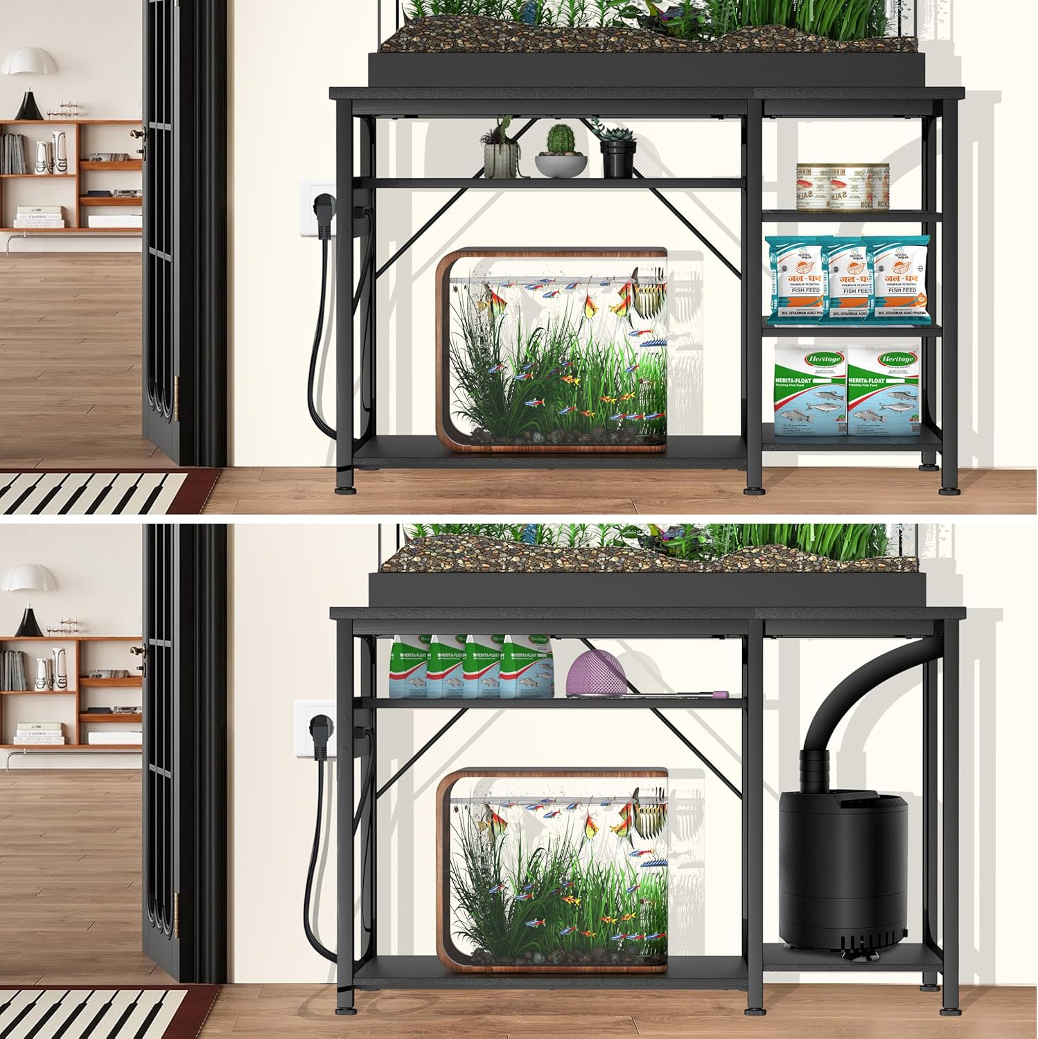 55-75 Gallon Fish Tank Stand: Heavy Duty Aquarium Stand with Power Outlets and Cabinet for Fish Tank Accessories Storage - Metal Frame, 1200LBS Capacity, Suitable for Fish & Reptile Terrariums - Pet Explorer