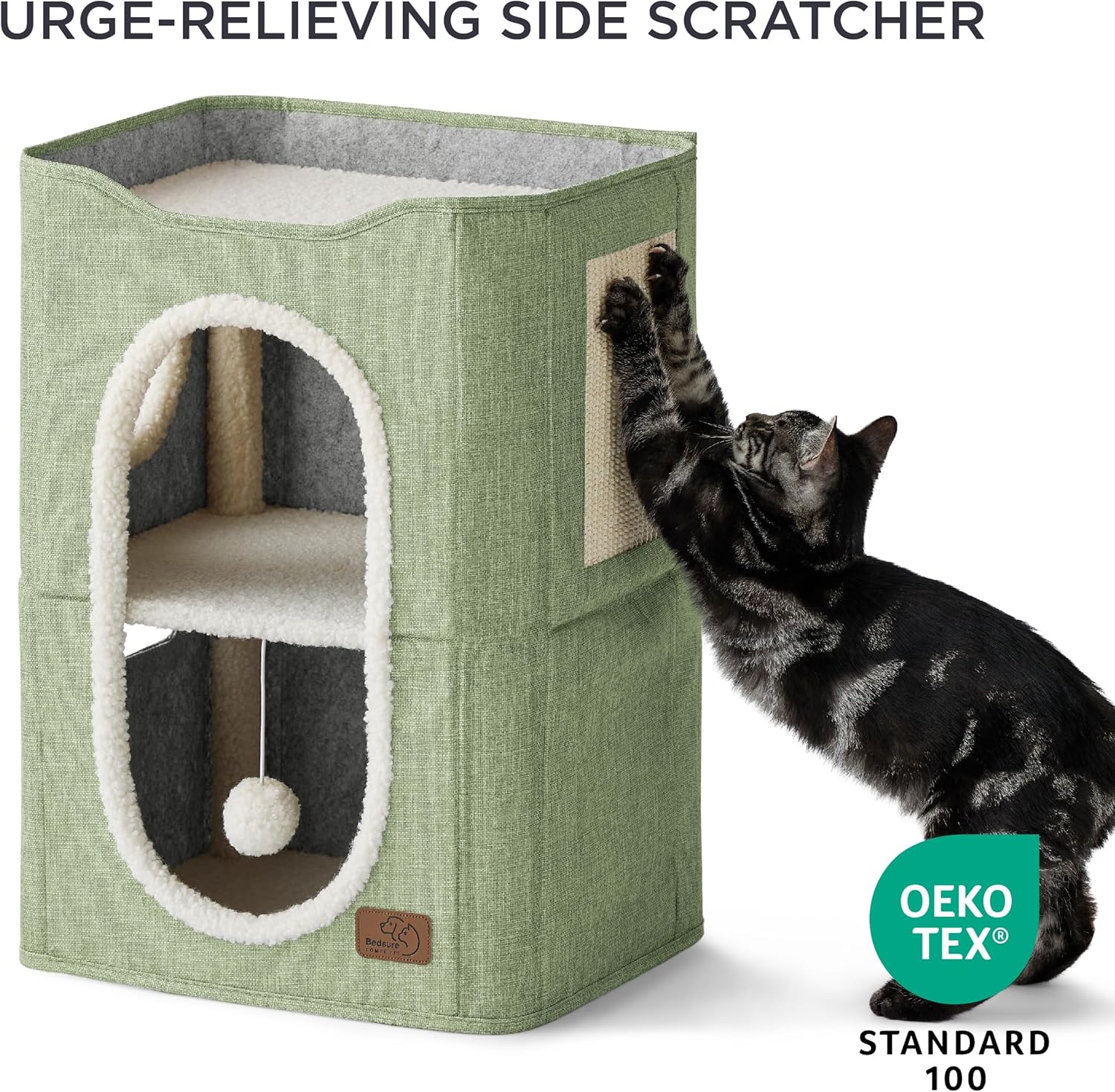 Bedsure 2 Story Cat House - Cat Condos for Indoor Cats with Scratch Pad and Fluffy Ball Hanging, Small Pet Cave Furniture Hideaway for Multi Pets, 18x14x23 inches, Green - Pet Explorer