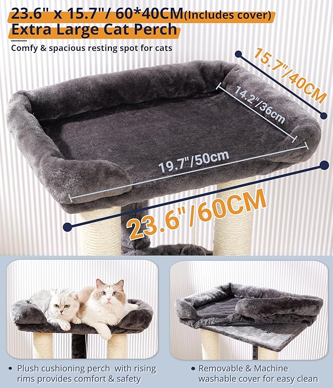 Happi N Pets 28" Cat Tree Tower, Tall Cat Scratching Post with Soft Perch for Window Viewing, Large Bed for Big Cats, Stable & Compact Cat Tower with Hammock, Removable Cover-Gray