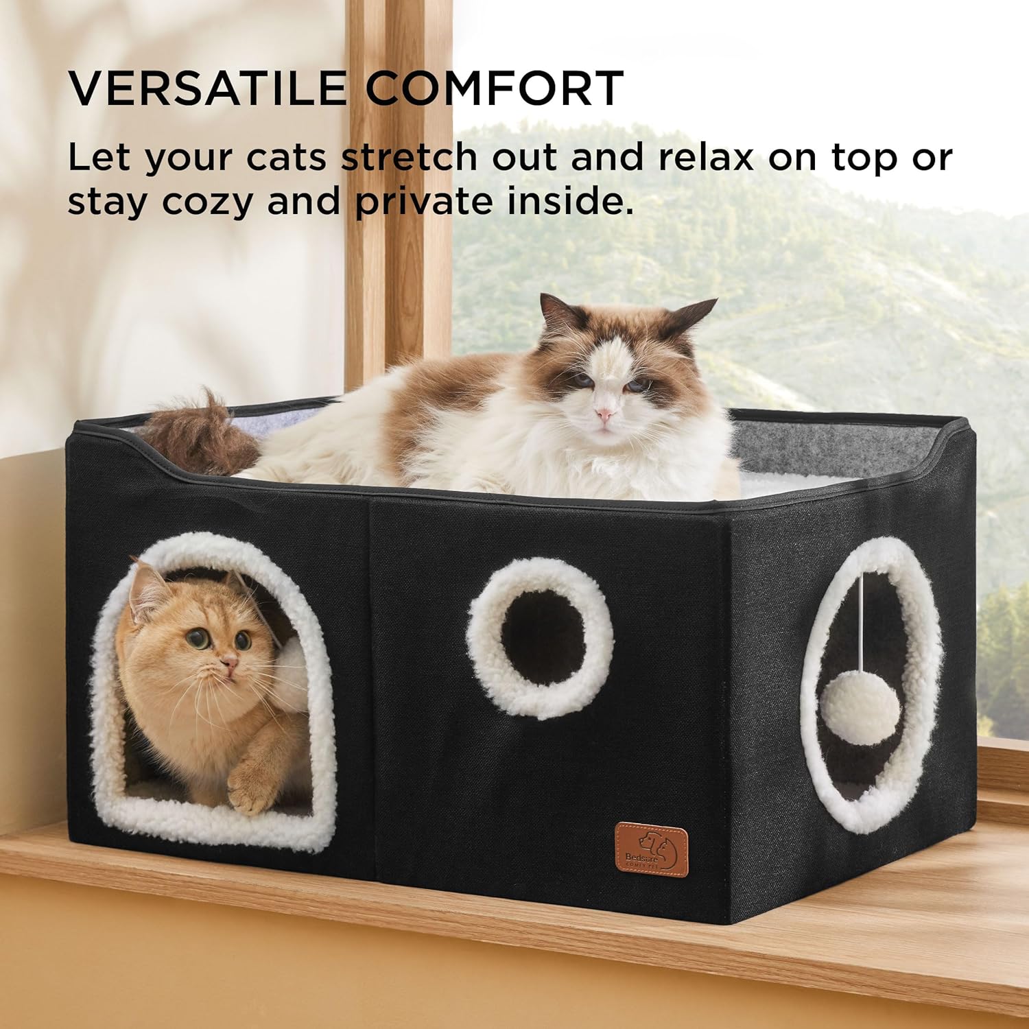 Bedsure Large Cat Beds for Indoor Cats - Extra Wide Cat Cube House for Small Pet with Fluffy Ball Hanging and Scratch Pad, Foldable Pet Cave Hideaway for Multiple Cats, 23.6x16.9x13 inches, Black - Pet Explorer