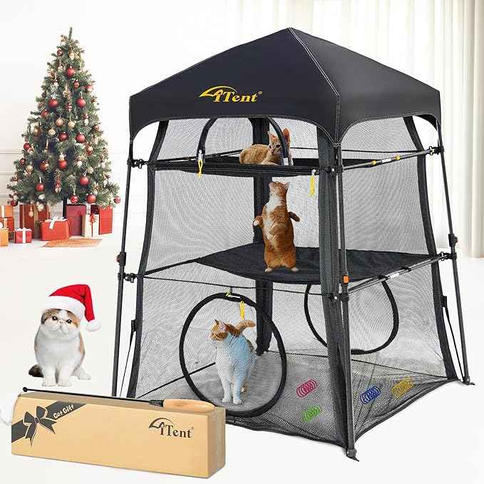 Automatic Pop-Up Cat Enclosure|3-Tier Cat Tent|Cat Cage|Outdoor Catio with Patent,Breathable Portable & Foldable, Stable Structure for Indoor/Outdoor, Free Teaser Wand,Friendly Connectable playpen