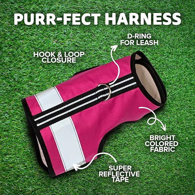 Kitty Holster Reflective Cat Harness – High-Visibility Cat Harness for Travel, Day and Night Walking - Soft Cotton Cat Accessories, Breathable, Secure & Washable, Made in USA - Flamingo Pink, M to L