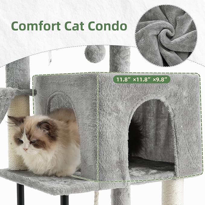 Cat Tree, Cat Tower for Indoor Cats, 43.3 inch Cat Tree Tower with Sturdy Steel Tube, Cat Hammock, Cat Condo for Small Cats and Kittens, Cat Scratching Post, Light Gray GCT004SW