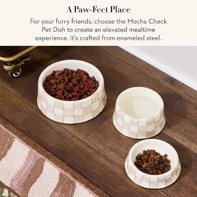 MACKENZIE-CHILDS Enamel Pet Bowl, Cute Cat and Dog Bowl for Food and Water, Large, Brown-and-White Mocha Check