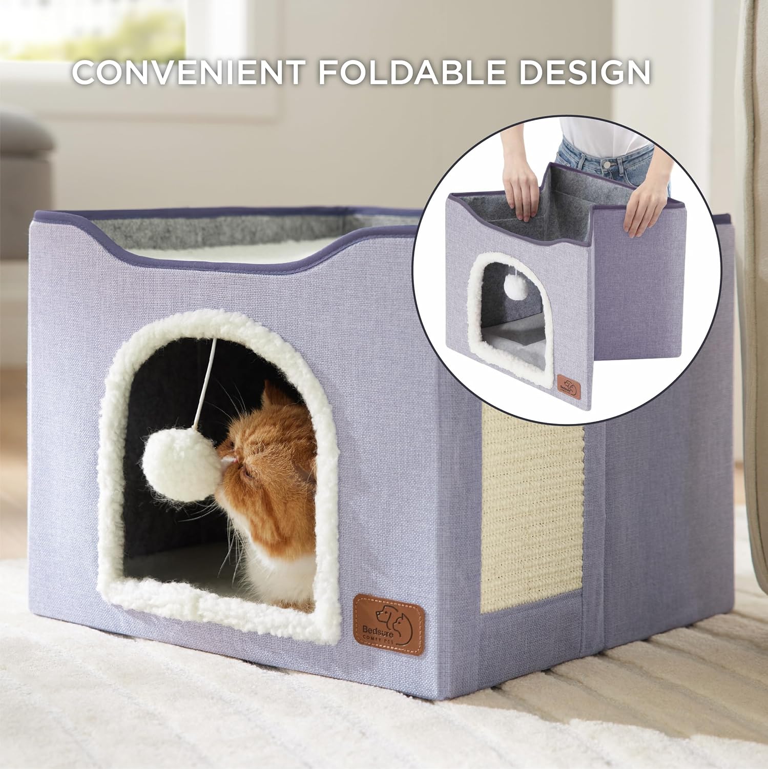 Bedsure Cat Beds for Indoor Cats - Large Cat Cave for Pet Cat House with Fluffy Ball Hanging and Scratch Pad, Foldable Cat Hideaway, 16.5x16.5x13 inches, Cloud Purple - Pet Explorer