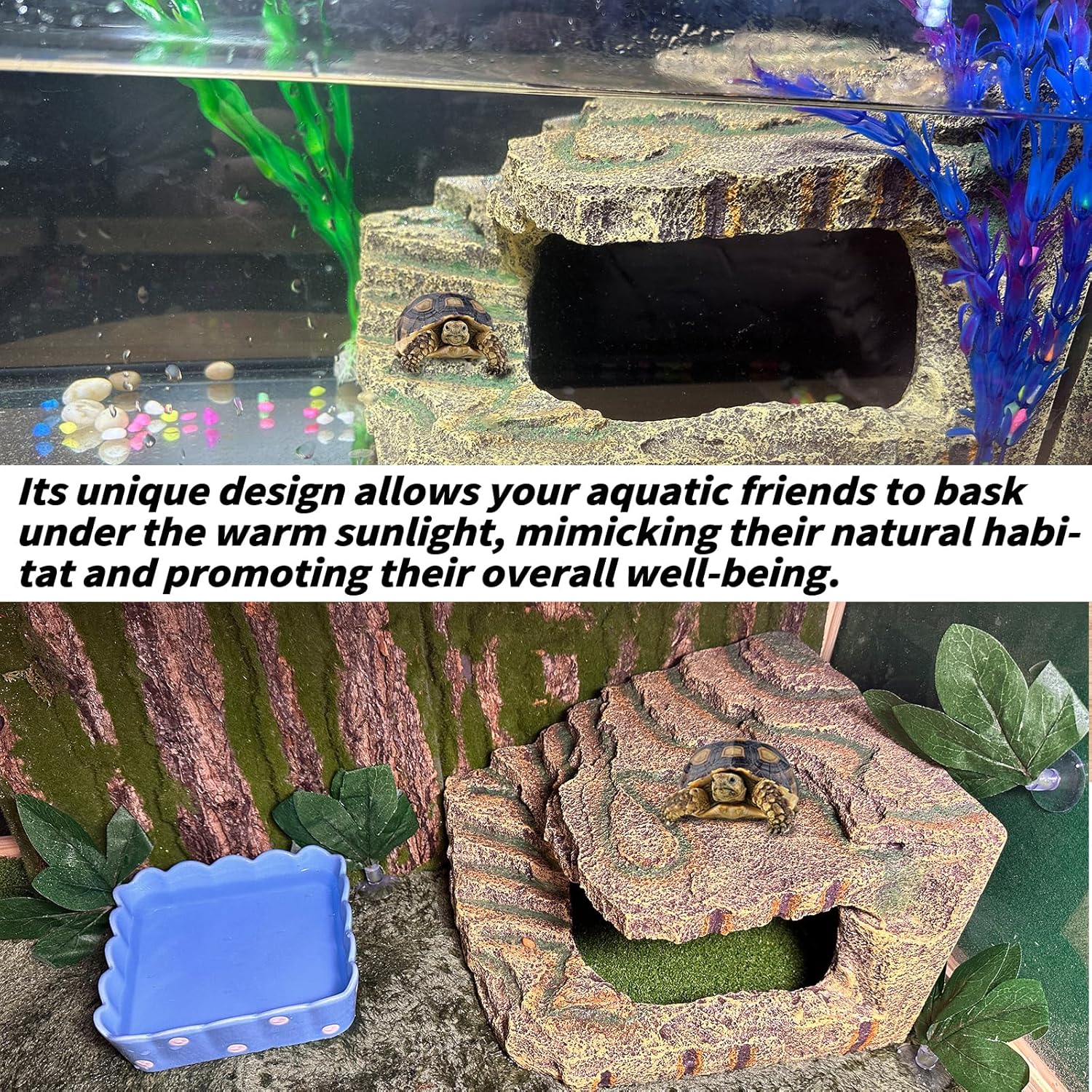 kathson Turtles Basking Platform,Large Tortoise Resting Terrace Climbing Ramp,Reptile Hiding Cave Hideouts,Resin Dock Tank Decorations for Aquatic Turtles Newts Salamanders Lizard Frogs - Pet Explorer