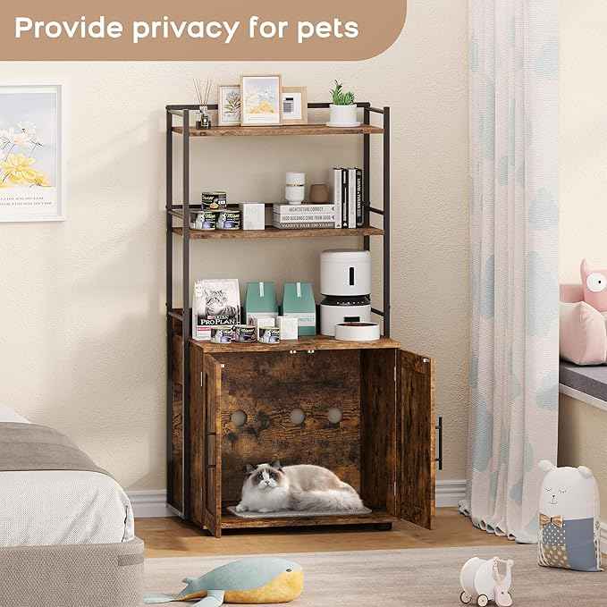 Cat Litter Box Enclosure, Hidden Litter Box Furniture with 3 Storage Shelves and Doors, Rustic Indoor Cat Cabinet, Multi-Functional Storage for Food, Cats Toilet Furniture