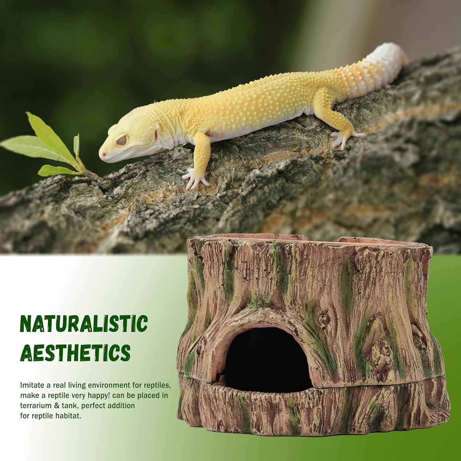 3 in 1 Reptile Hide Cave,Lizard Humid Hideout with Detachable Base and Clay Water Dish,Essential Reptile Terrarium Tank Accessories Decor for Leopard Geckos, Crested Geckos, Snakes, Crabs